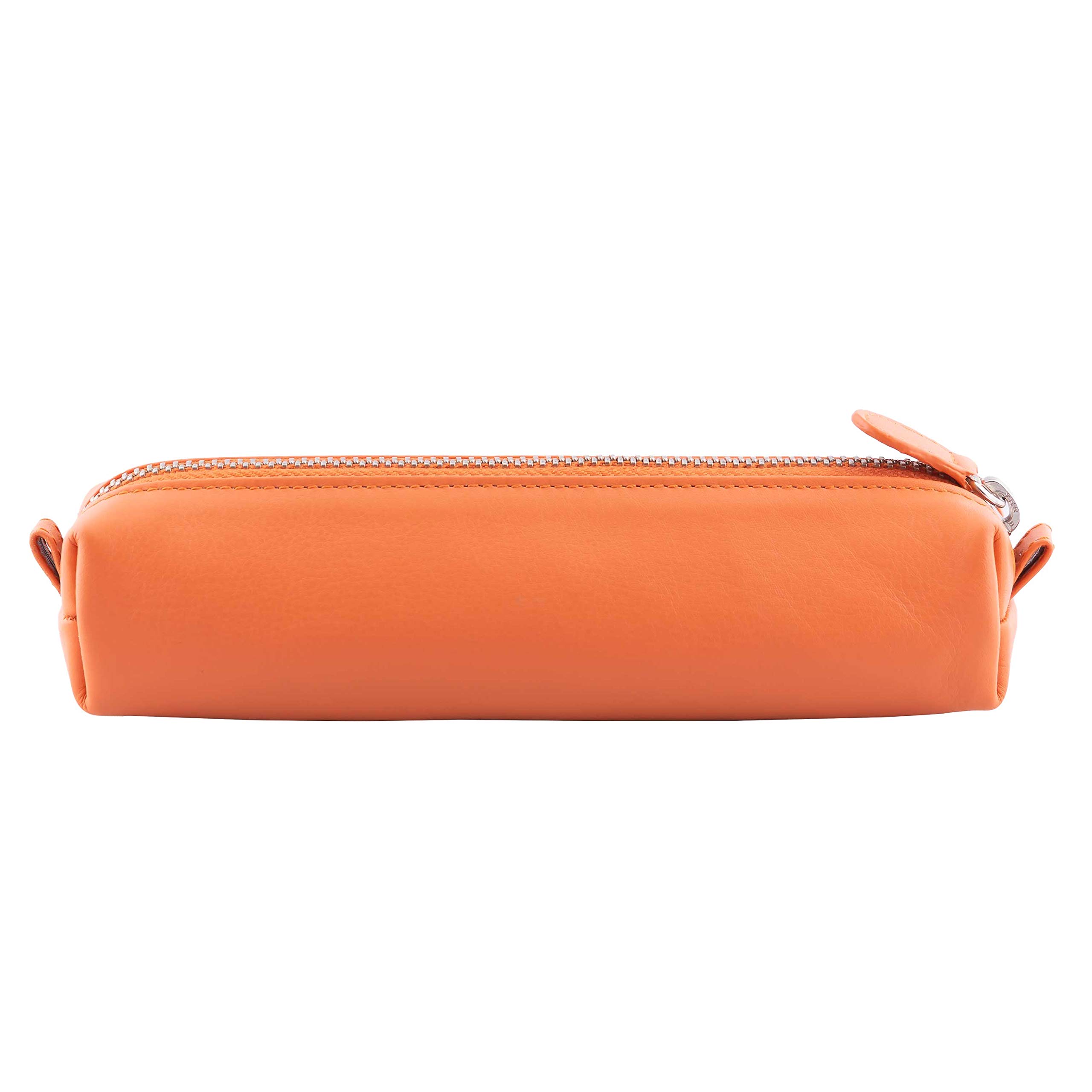 Premium Genuine Full Grain Soft Nappa Leather Pen Case - Zippered Pouch for Fountain, Ballpoint, Rollerball Pens & Pencils (Orange) - Perfect for Office, School & Travel Organization