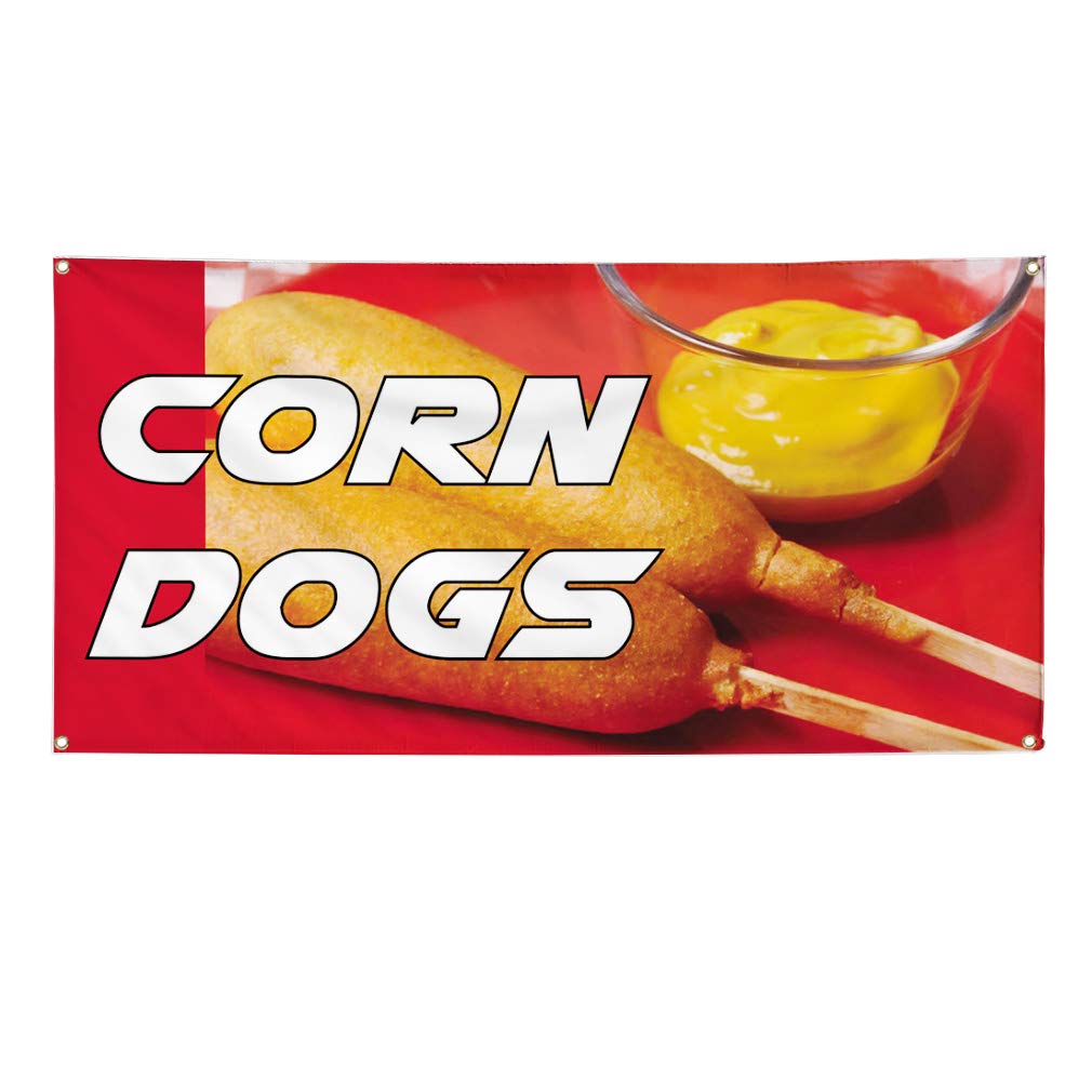 Custom Vinyl Banner 48x96 Inches - Weatherproof Outdoor Advertising Sign for Restaurants & Food Trucks - Corn Dogs Promotion - 8 Grommets for Easy Hanging - Perfect for Yard Signs, Events & Industrial Use
