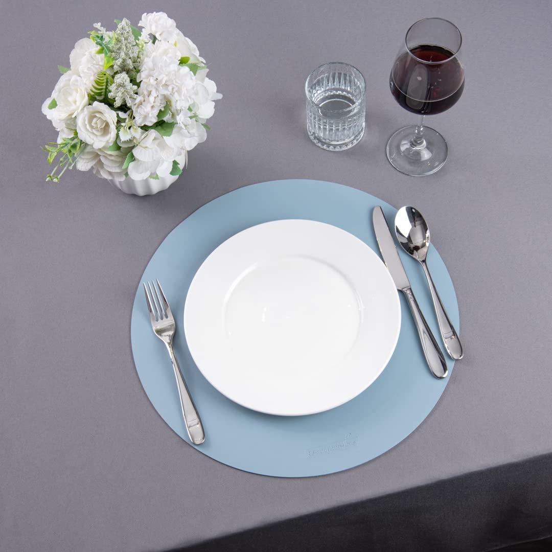 16 Inch Round Vinyl Placemats Set of 6 - Stain-Resistant, Embossed Light Blue Table Mats with Leather-Like Feel for Surface Protection | Perfect for Dining Tables, Restaurants, and Home Decor