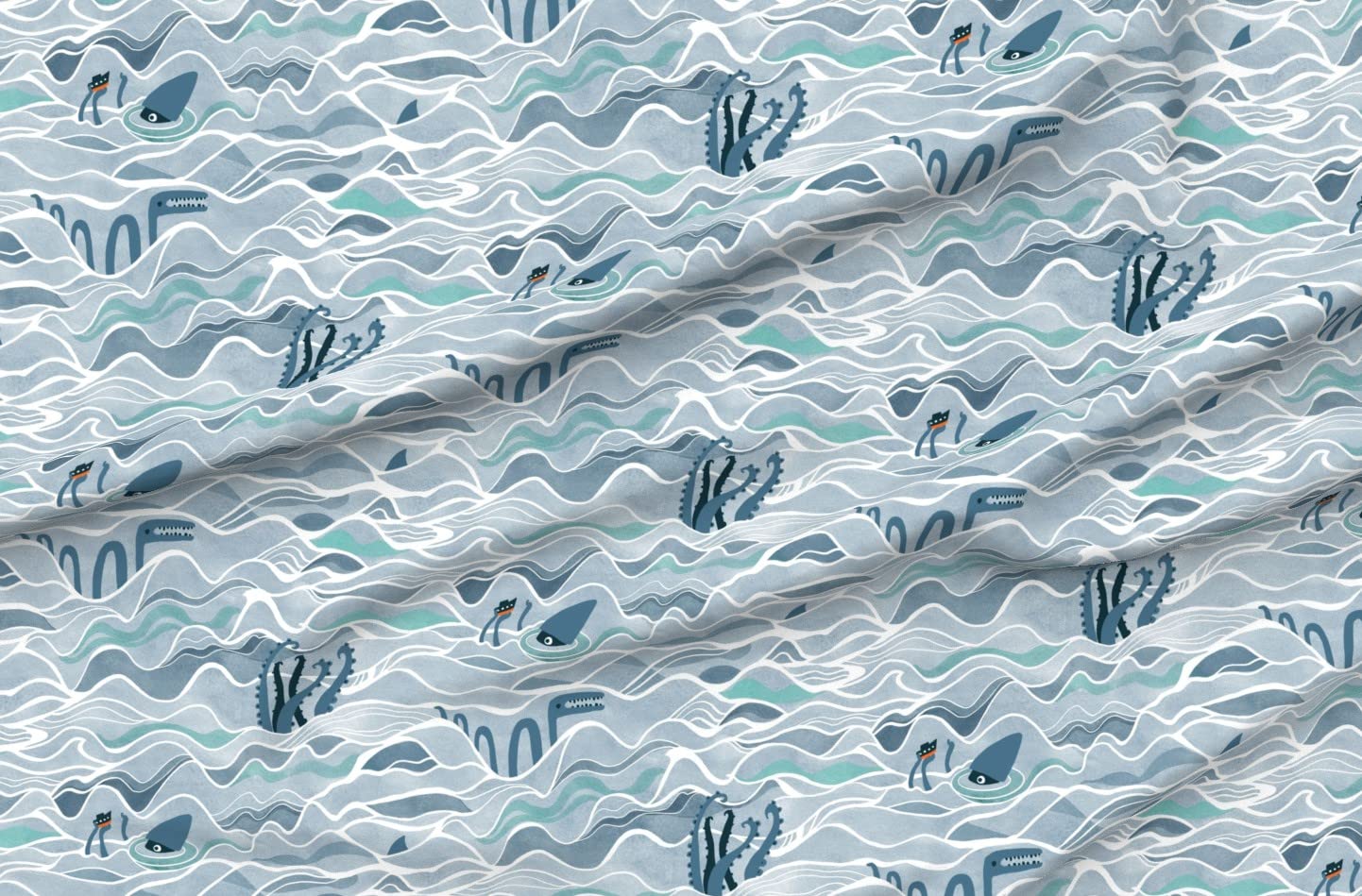 Premium Spoonflower Fabric - Blue Shark & Sea Monster Fantasy Wave Print on Soft Minky Fabric by The Yard - Perfect for Sewing Baby Blankets, Quilt Backing & Plush Toys | Ocean-Themed Nursery Decor & DIY Craft Projects