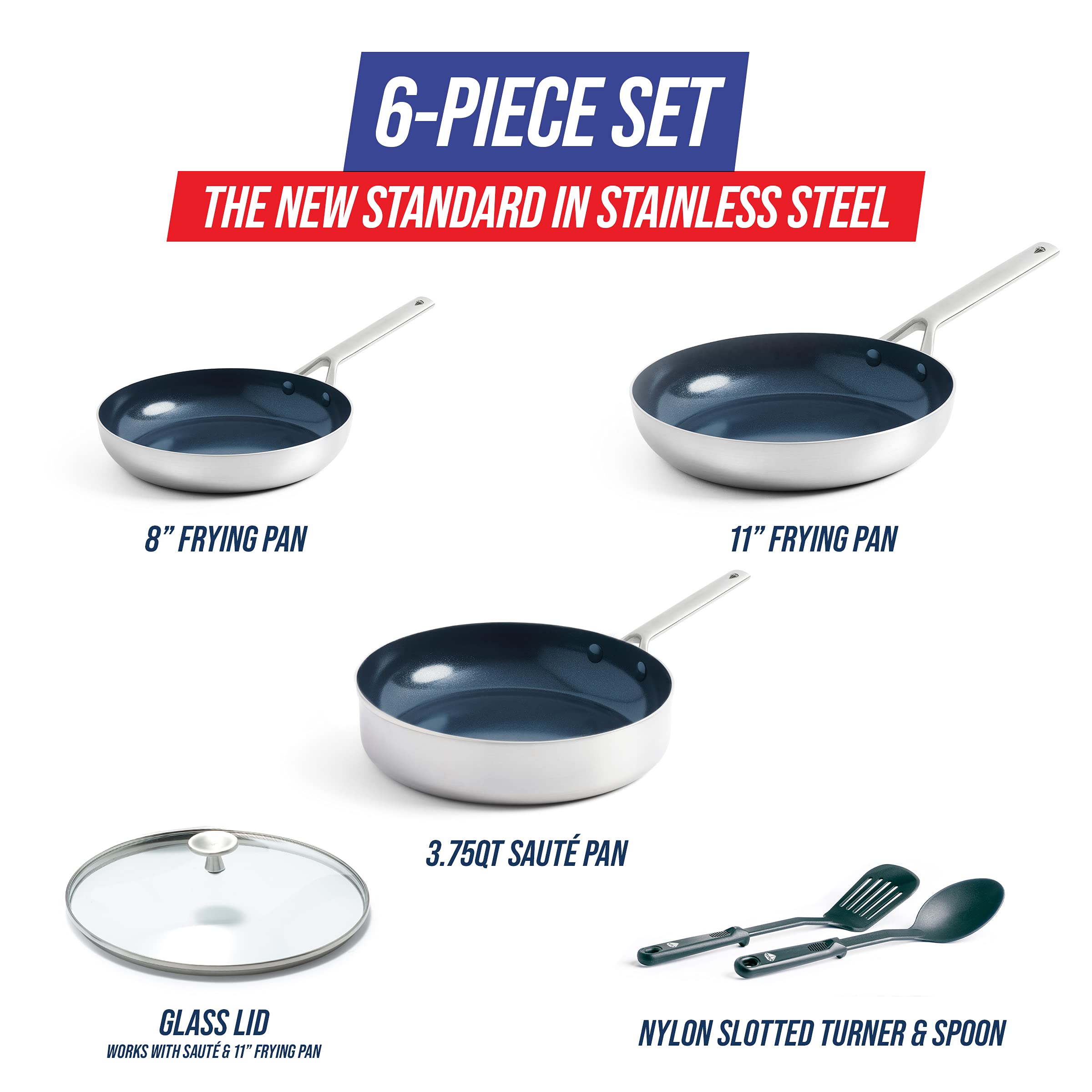 Blue Diamond Tri-Ply Stainless Steel Ceramic Nonstick Cookware Set - 6 Piece Pots and Pans, PFAS-Free, Multi-Clad, Induction Compatible, Dishwasher & Oven Safe (Silver) - Perfect for Sauteing, Boiling & Frying in Modern Kitchens