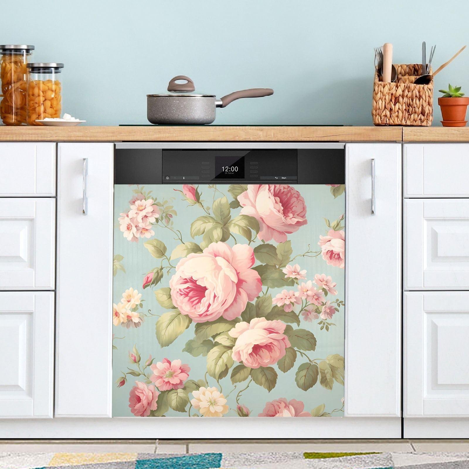 JIPONI Retro Red Flower Dishwasher Magnetic Cover - 23