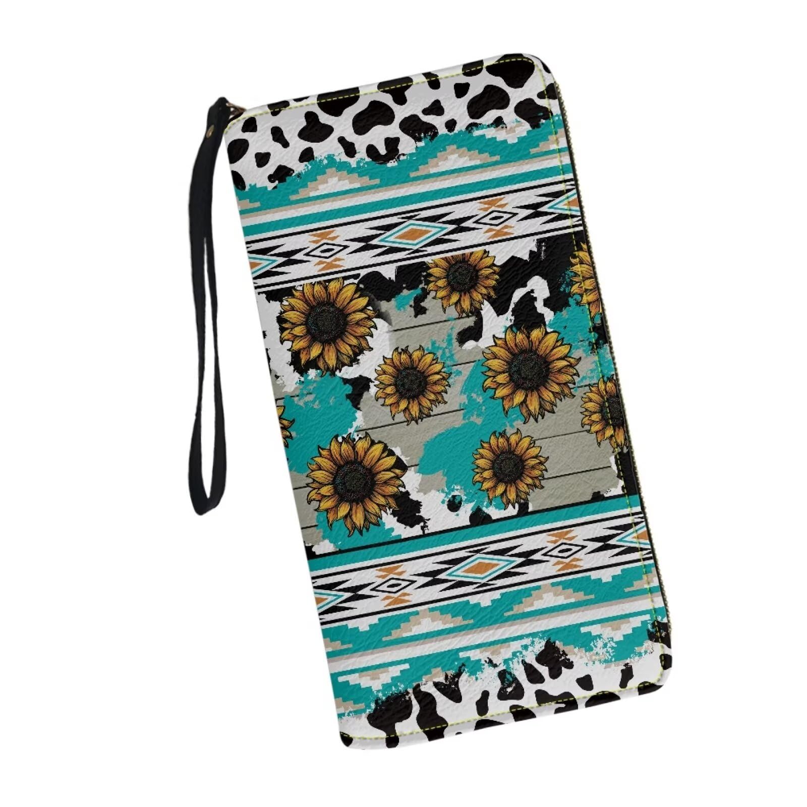 Women's PU Leather Long Zipper Wallet with Sunflower & Elephant Design - Stylish RFID Blocking Bifold Wallet for Everyday Use, Travel & Gift Giving