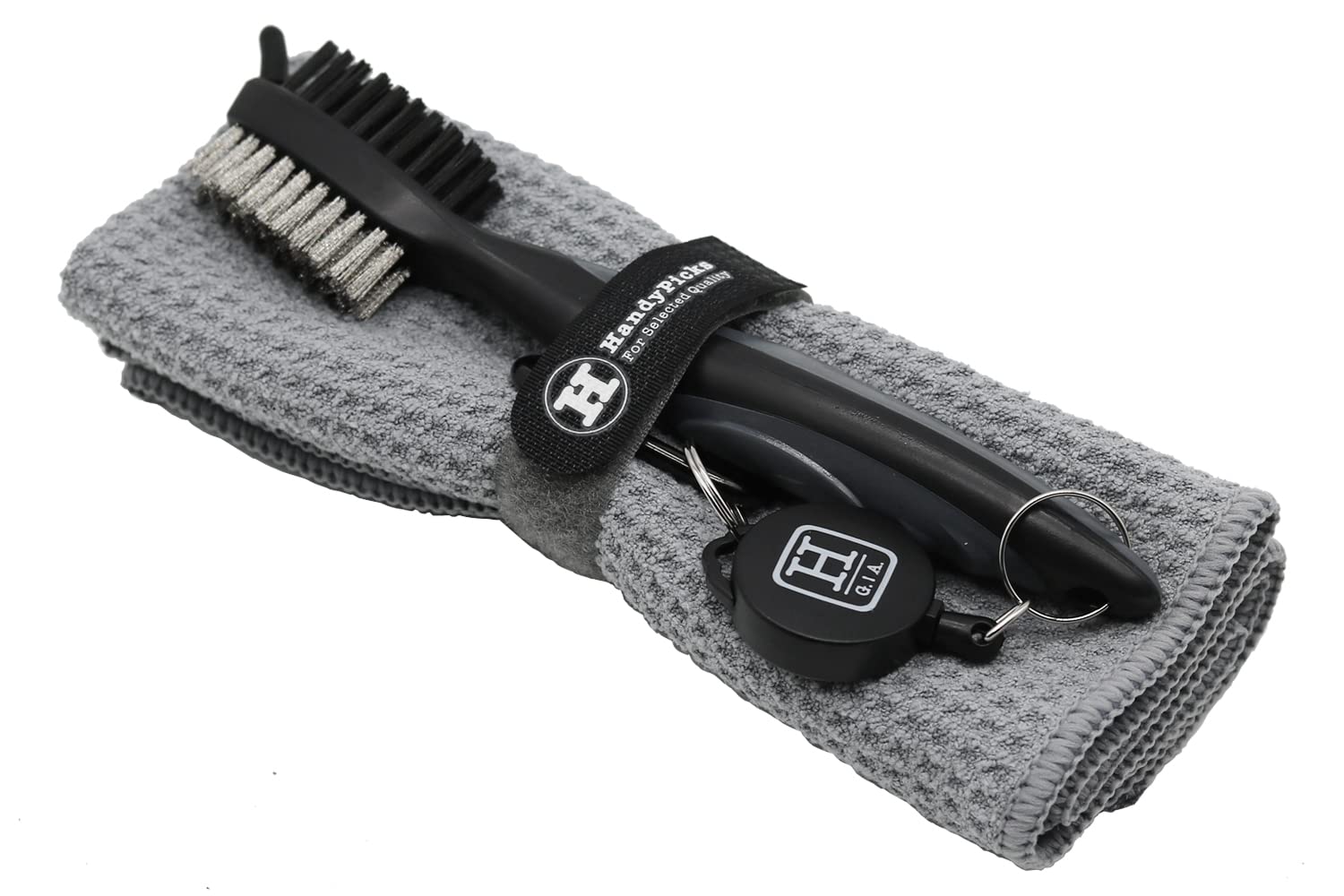 Premium Microfiber Golf Towel with Waffle Pattern & Carabiner Clip | Golf Club Brush with Groove Cleaner | Retractable Golf Accessories Kit (Grey) | Perfect for On-Course Cleaning & Club Maintenance