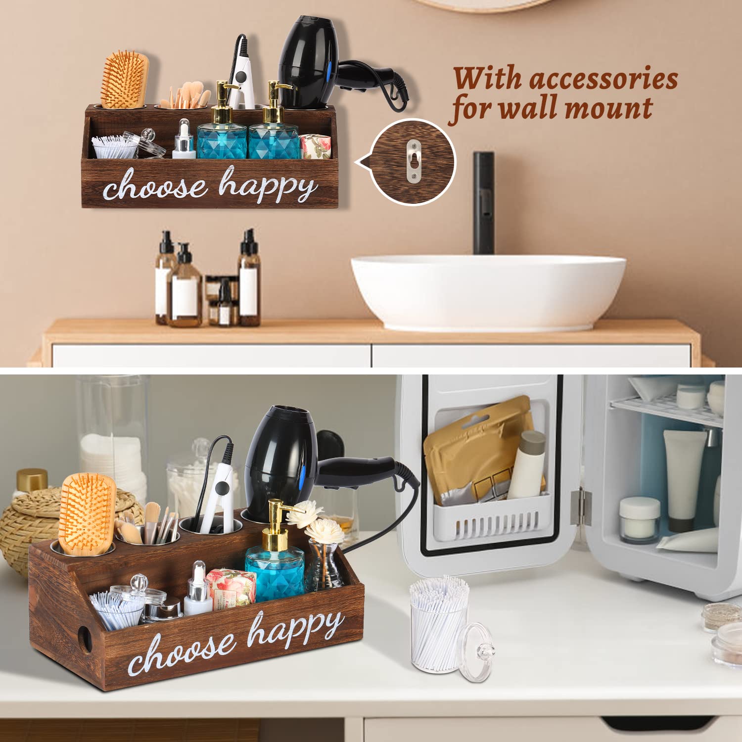Rustic Wood Hair Dryer Holder & Hot Tools Organizer - Wall Mounted & Countertop Blow Dryer Stand for Curling Iron, Straightener, and Styling Tools - Bathroom Vanity Storage Cabinet Organizer for Home Salon & Spa Use