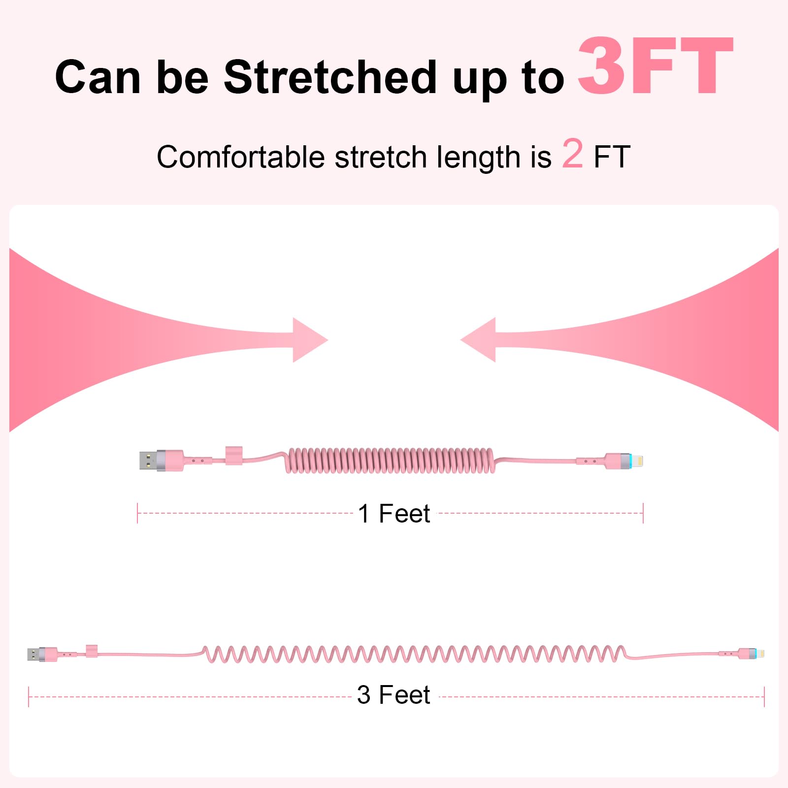 2-Pack Pink Coiled iPhone Charger 3FT - MFi Certified USB to Lightning Cable for Apple CarPlay, Cute Short Charging Cord - Perfect for Car, Home & Travel Accessories (Pink)