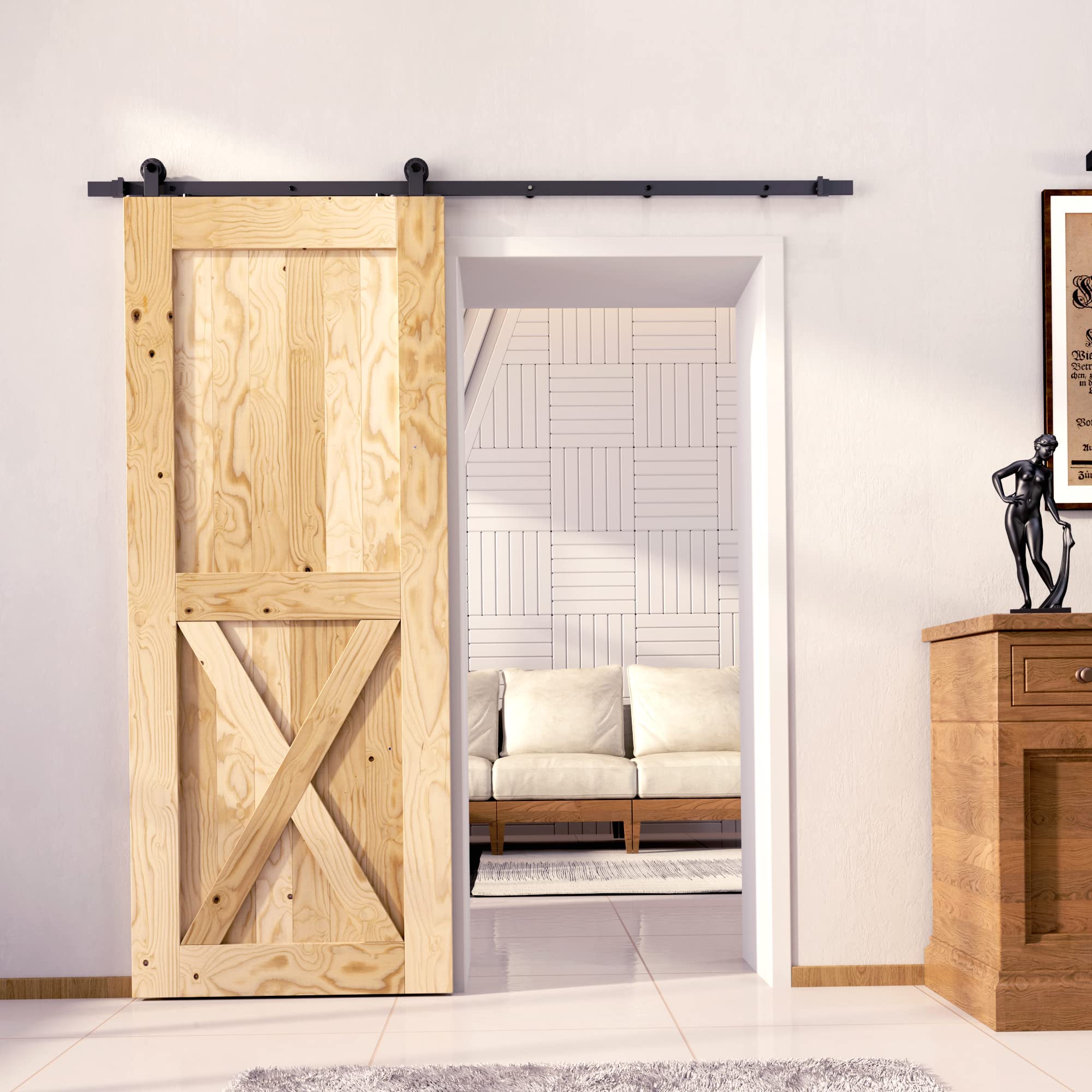 Homacer Black Rustic Non-Bypass Sliding Barn Door Kit with 6.6ft Flat Track & T-Shape Rollers - Single Door Hardware for 38in x 84in Interior Doors - Perfect for Bedrooms, Closets & Farmhouse Style Homes