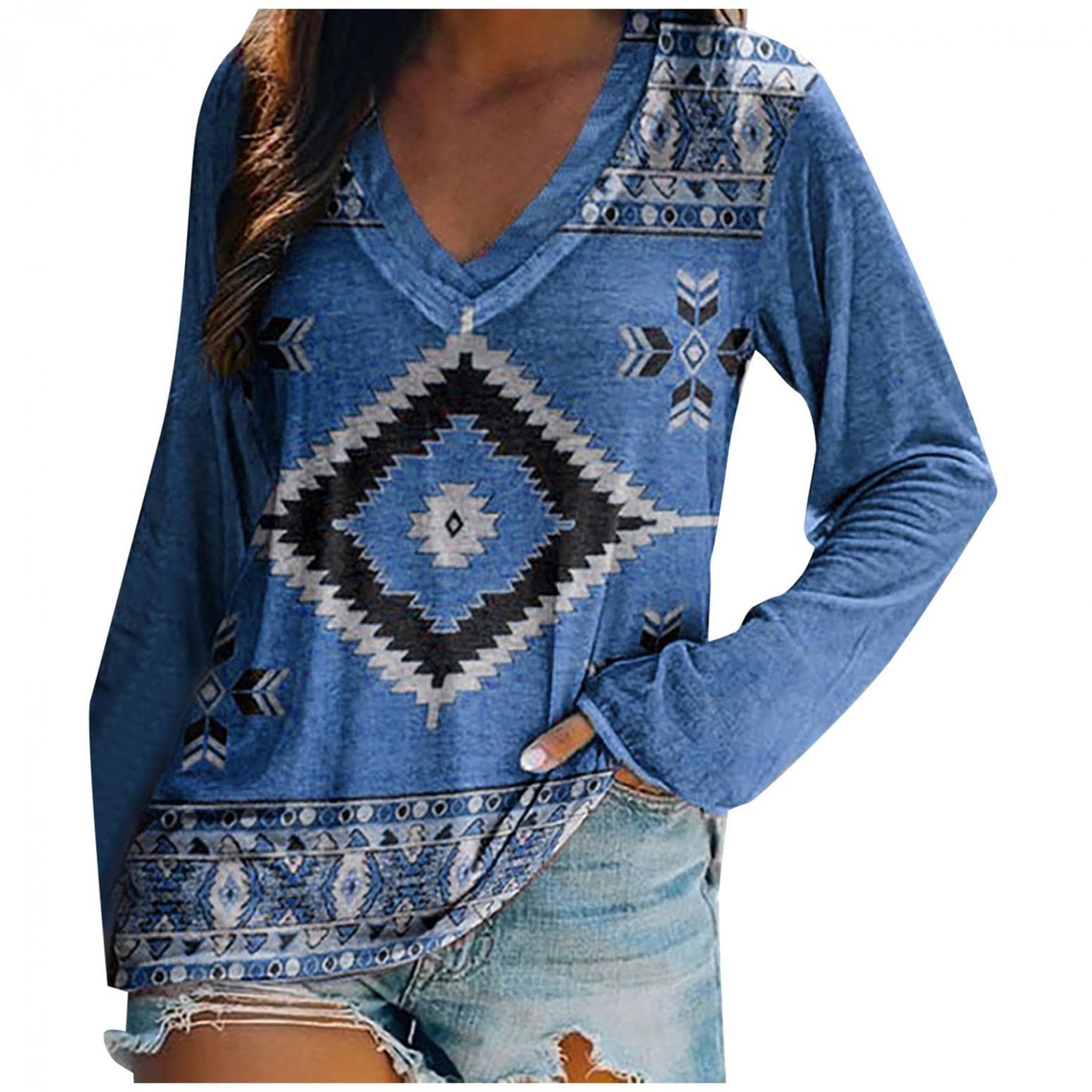Women's Long Sleeve V-Neck Ethnic Print Blouse - Classic Autumn Tunic Top with Casual Tee Pattern | Perfect for Fall Fashion, Office Wear & Summer Layering