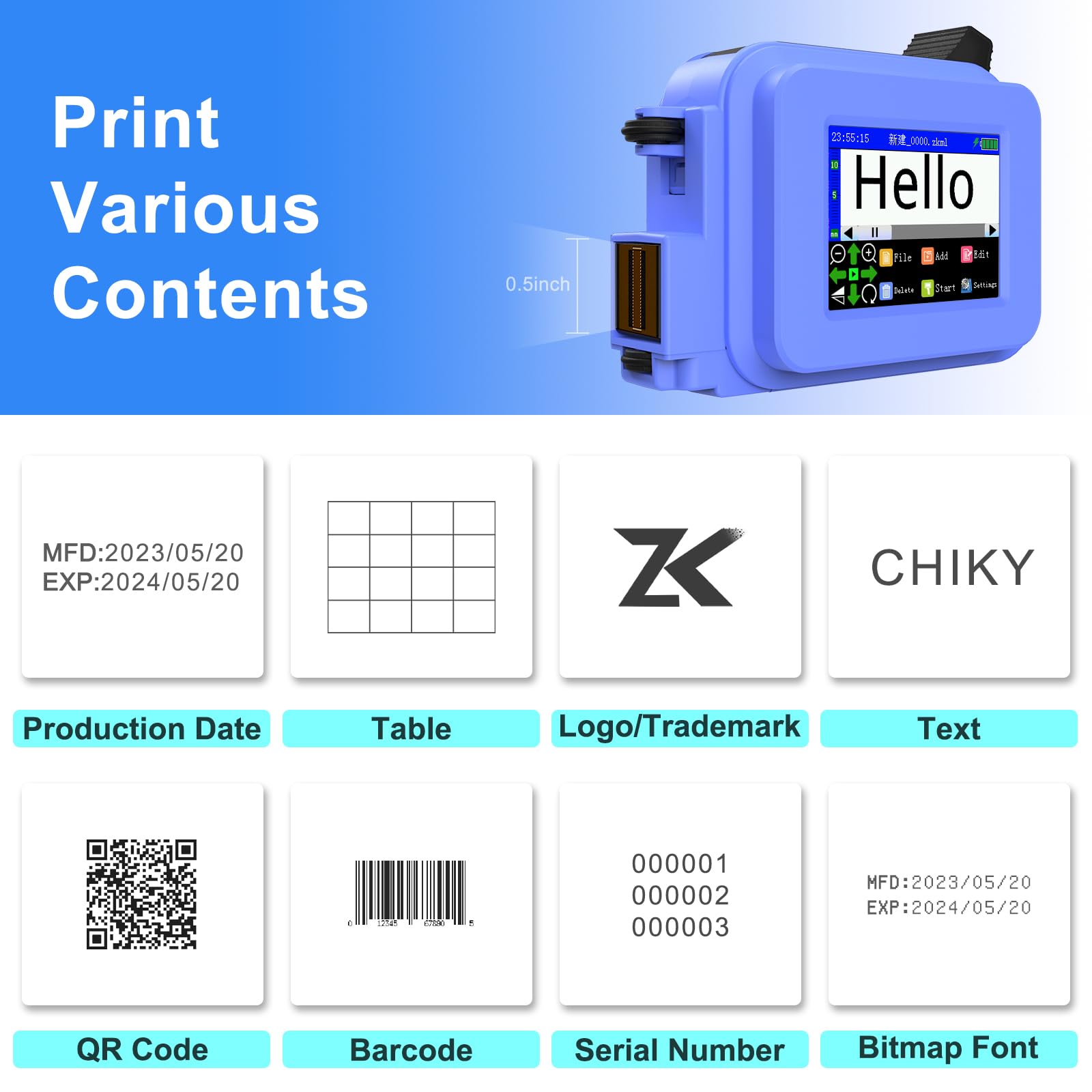 CHIKYTECH Upgraded Mini Inkjet Printer - Portable Printing Machine for Date, Time, Barcode, Logo, QR Code & Batch Numbers on All Materials | Perfect for Product Labeling, Packaging & Inventory Management