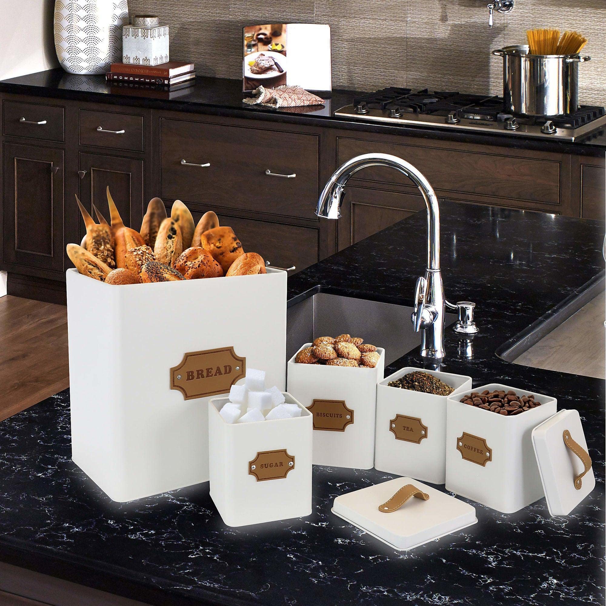 Megachef 5-Piece Food Storage Canister Set - Airtight Coffee, Sugar, Flour Containers with Lids - Matte White Kitchen Organization for Pantry, Countertop & Home Decor