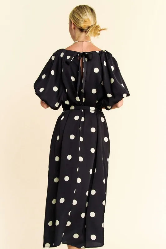 Stylish Polka Dot Puff Sleeve Midi Dress with Waist Tie - Perfect for Summer Parties, Weddings & Casual Outings