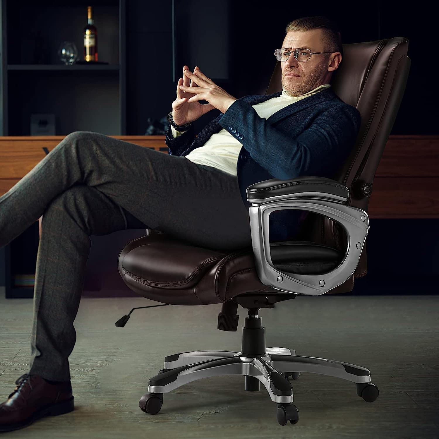 Ergonomic High Back Executive Swivel Chair - Adjustable Office Chair for Adults with Lumbar Support, Brown Leather - Perfect for Home Office, Conference Rooms & Corporate Workspaces