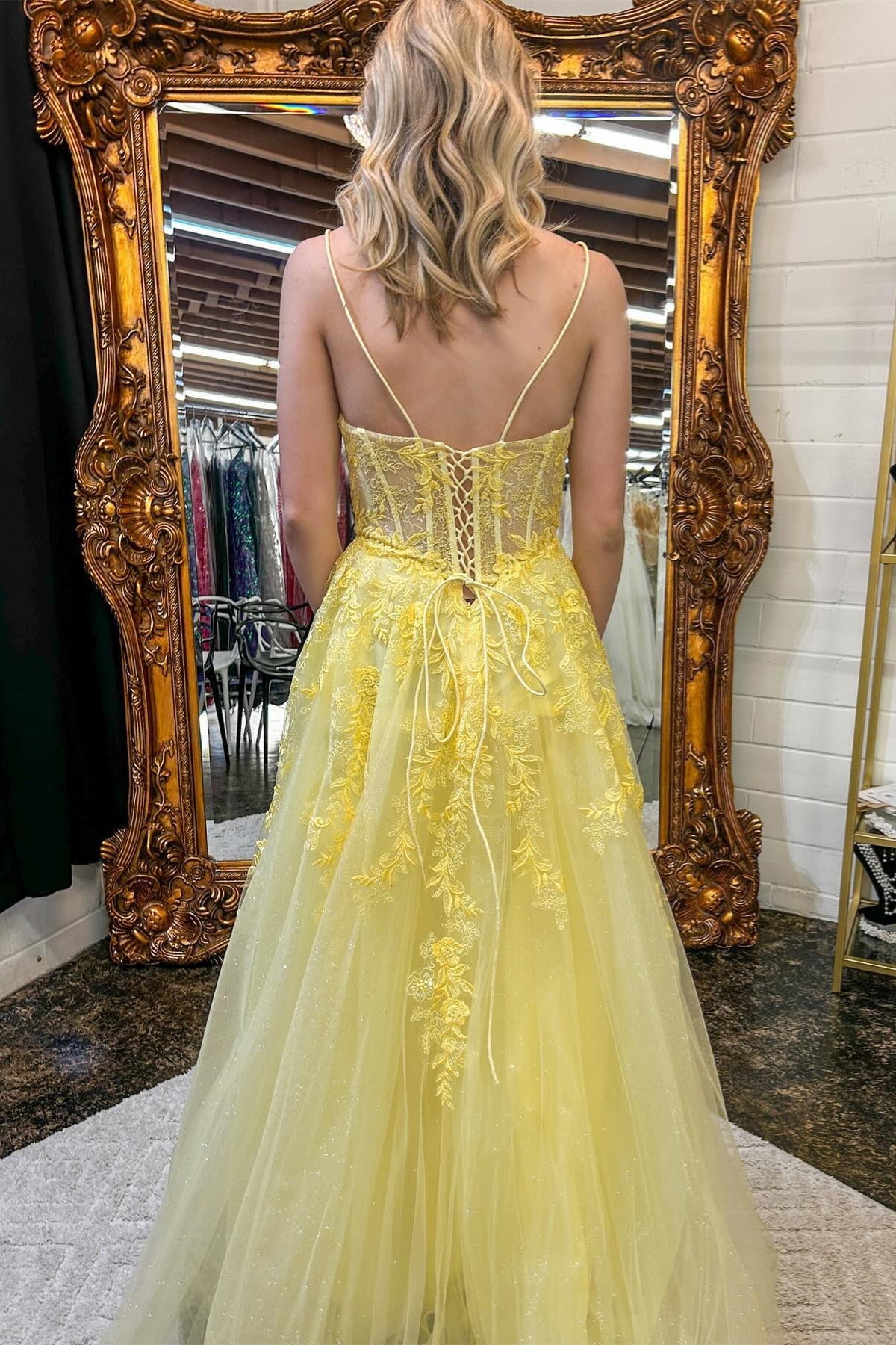 Elegant Long Yellow Floral Prom Dress with A-Line Silhouette & Spaghetti Straps - Perfect for Homecoming, Formal Dances & Special Occasions