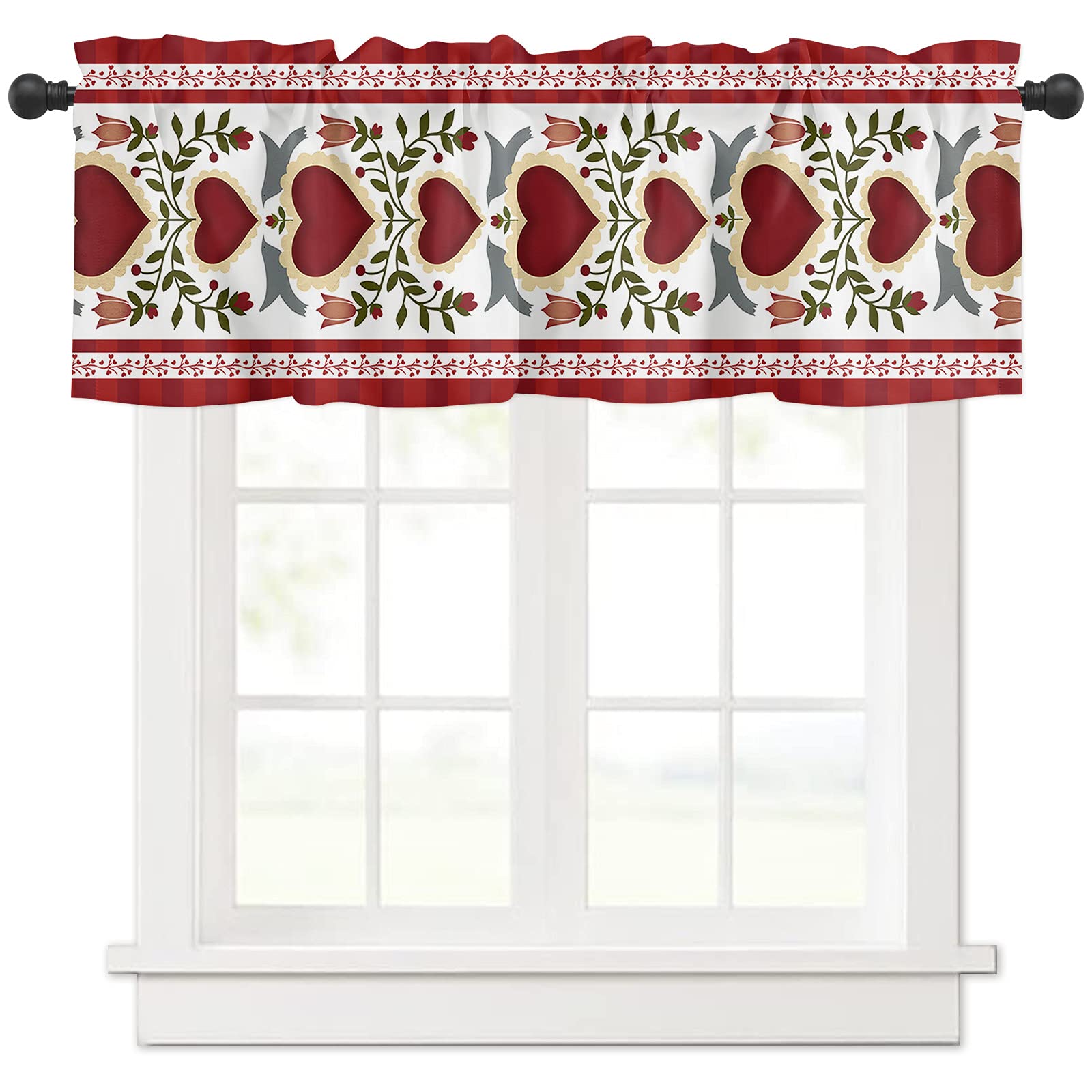 Valentine's Day Red Floral Valance Curtains - Rod Pocket Window Drapes for Living Room, Kitchen, Bedroom & Bathroom Decor - 54x18 Inch Single Panel - Romantic Heart Design for Home & Holiday Decorations