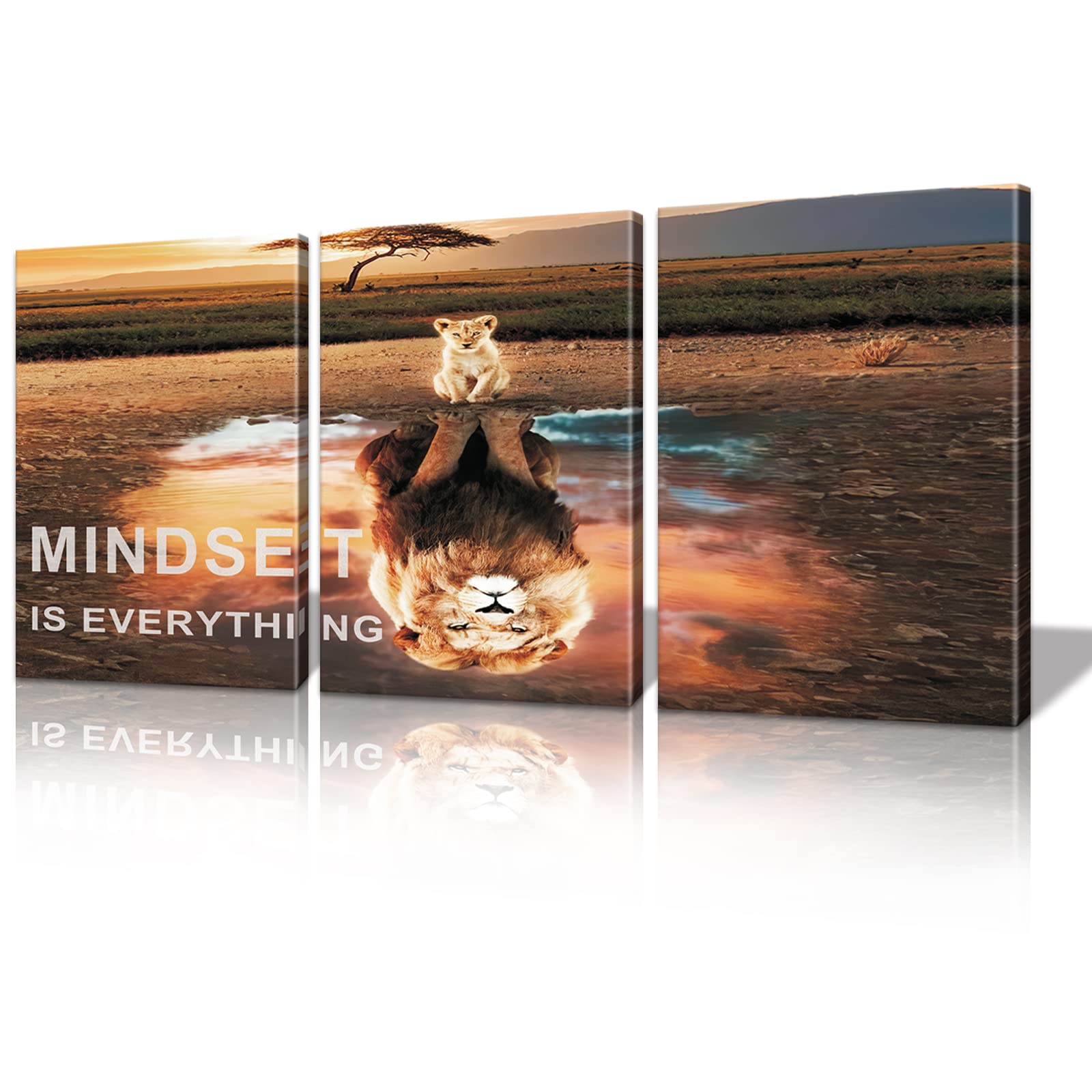 Mindset Is Everything - Motivational Lion Canvas Wall Art Set of 3, Inspirational Quote Paintings for Office & Bedroom Decor - Perfect for Home, Office & Gift Giving