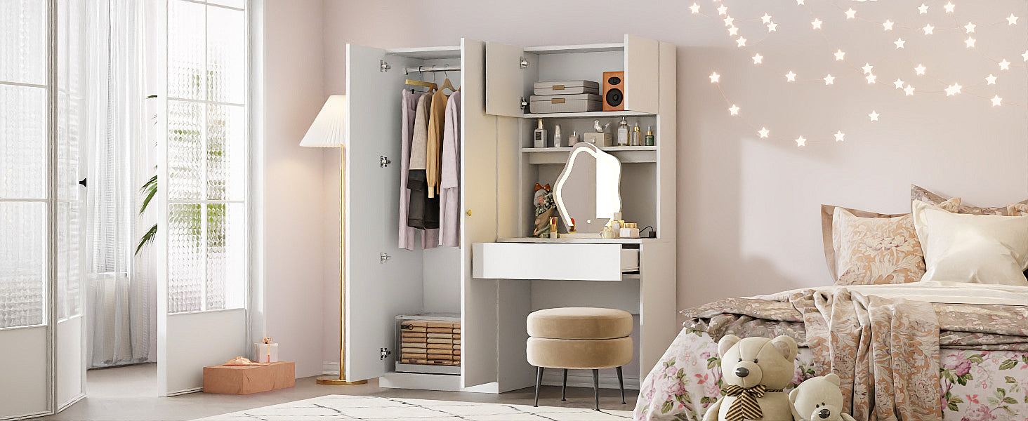 2 Door Wooden Storage Vanity Wardrobe with Makeup Mirror & Drawers - White Bedroom Organizer for Clothes, Shoes & Accessories | Perfect for Master Bedroom, Guest Room & Dormitory