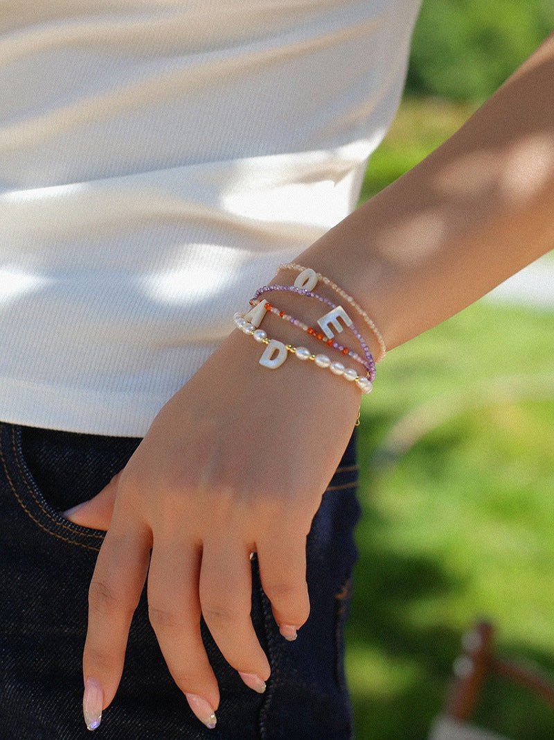 Pearl & Mother of Pearl Letter Bracelet for Women - Personalized Initial Charm Jewelry Gift for Birthday, Anniversary, or Everyday Wear