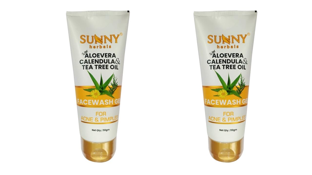 Sunny Herbals Aloe Vera & Calendula Face Wash Gel with Tea Tree Oil - Deep Cleansing for Acne Treatment & Skin Renewal - 110g (Pack of 2) - Perfect for Daily Skincare Routine & Oily/Acne-Prone Skin