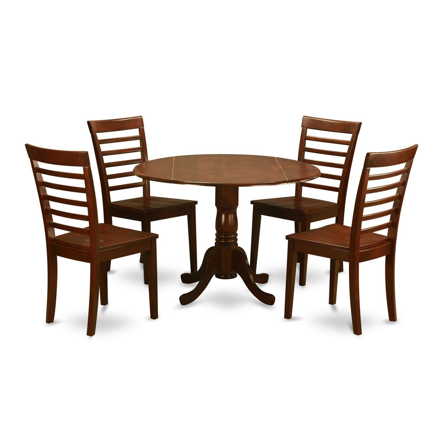 East West Furniture DLML5-MAH-W 5-Piece Modern Mahogany Dining Set with Round Drop-Leaf Table (42x42 Inch) and 4 Matching Chairs - Perfect for Small Spaces, Breakfast Nooks & Cozy Kitchen Dining Areas