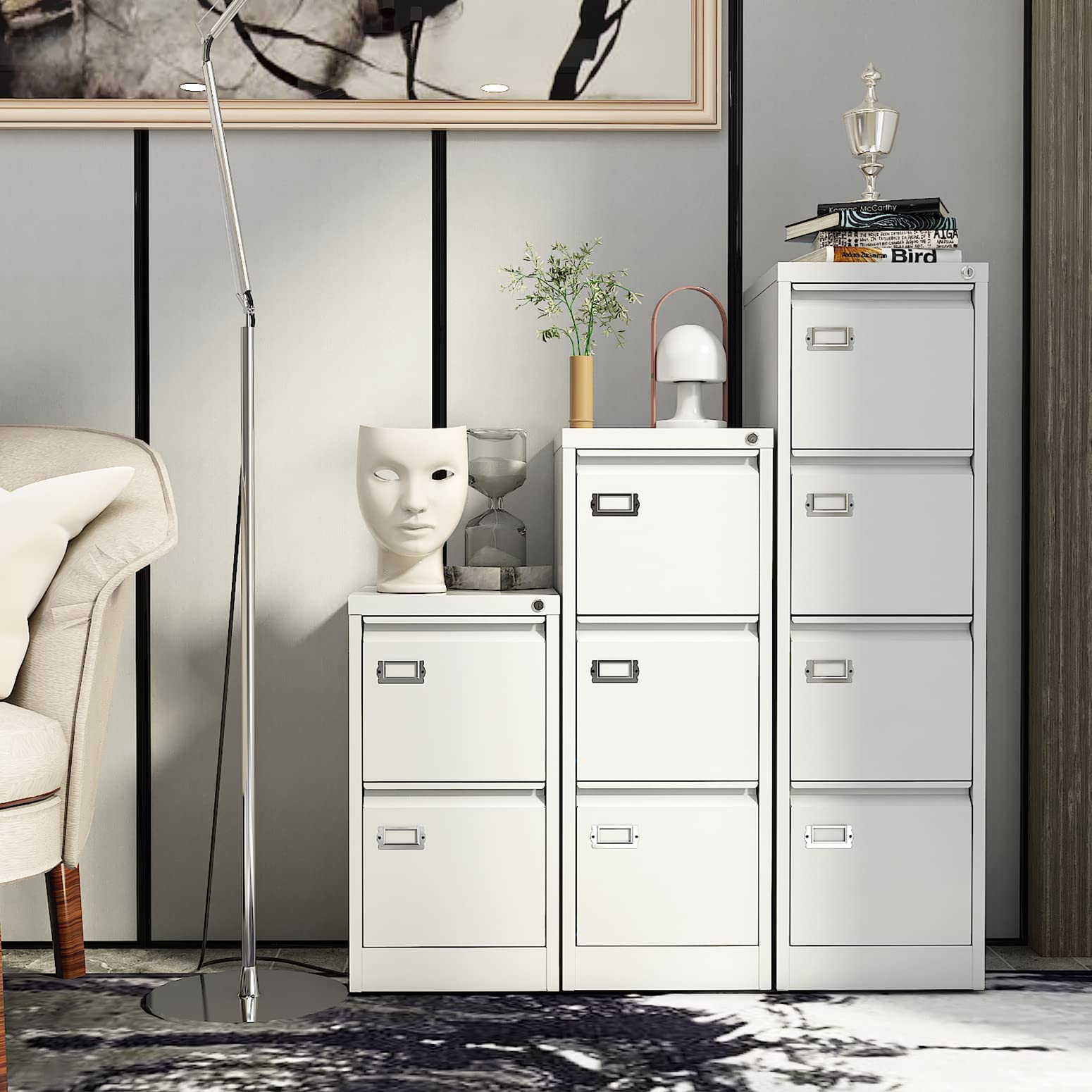 Yizosh 4-Drawer White Locking File Cabinet - Metal Vertical Office Storage Cabinet for Legal/A4 Documents - Secure Home & Office Filing Organizer with Locking Drawers - Perfect for Document Organization in Small Spaces, Home Offices & Professional Workplaces