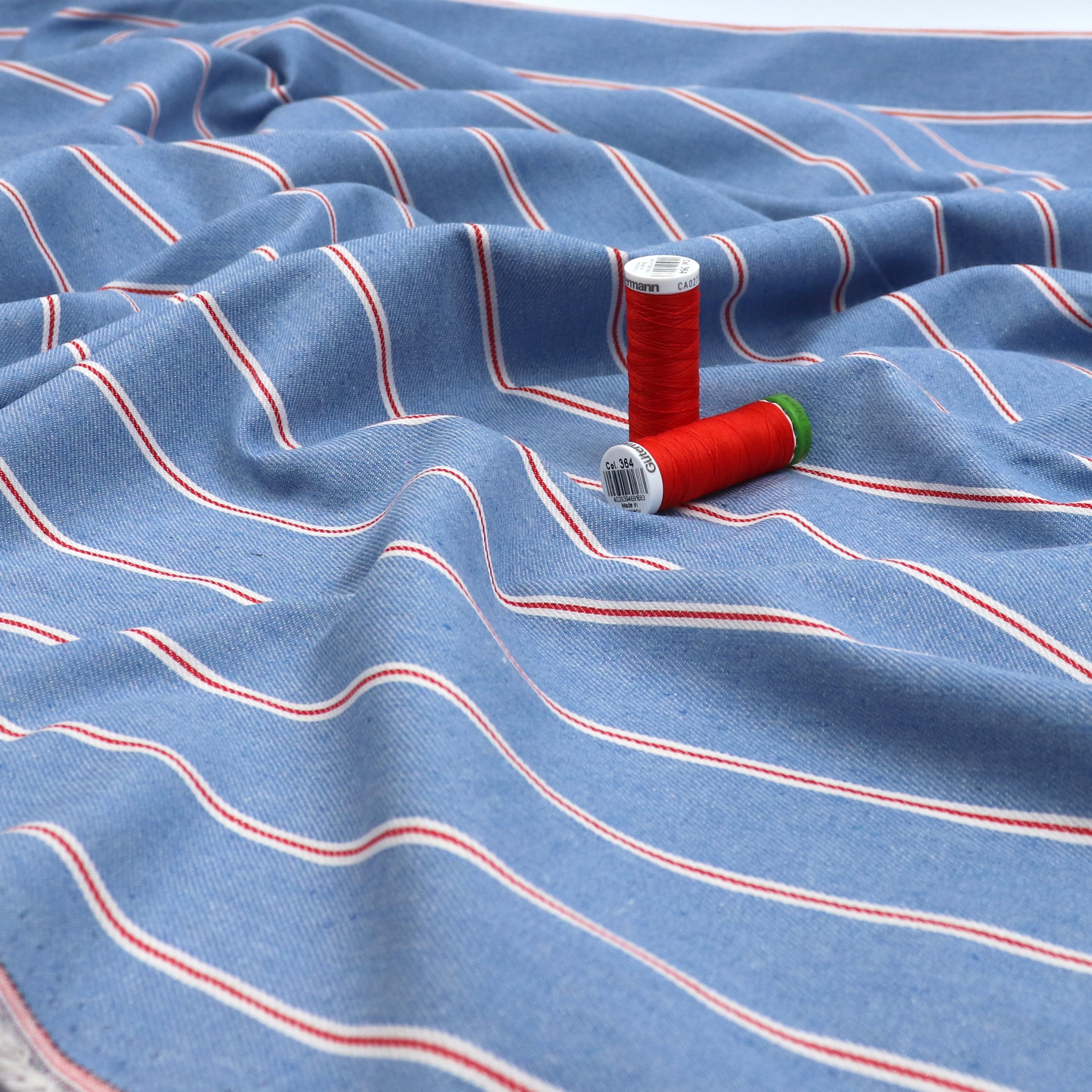 Lightweight Denim Fabric - Red & White Stripes - 50cm End of Bolt - Perfect for DIY Crafts, Quilting, and Fashion Projects