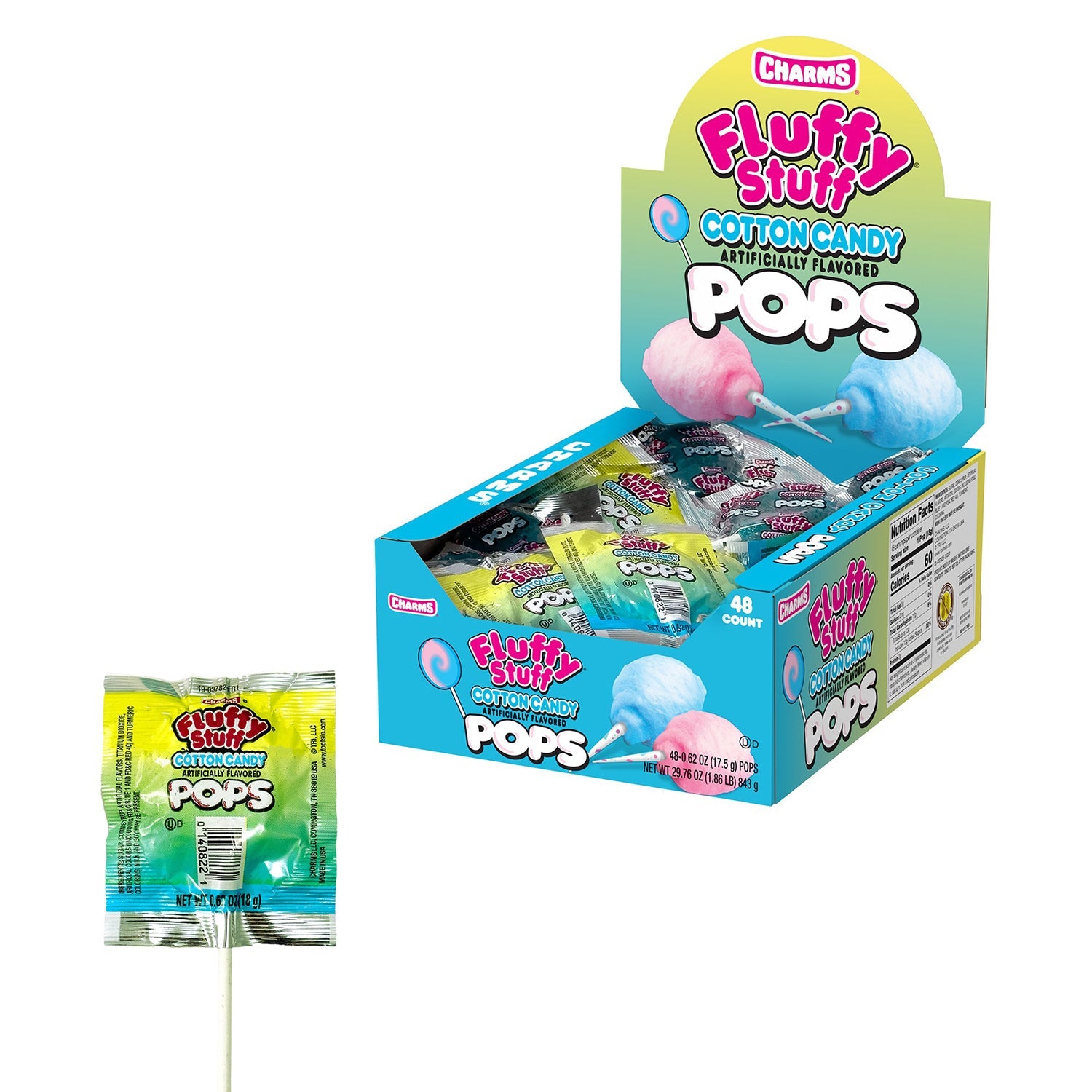 Charms Blow Pop Cotton Candy Fluffy Stuff - 48 Count Box | Bulk Lollipops for Parties, Halloween Treats & Candy Buffets