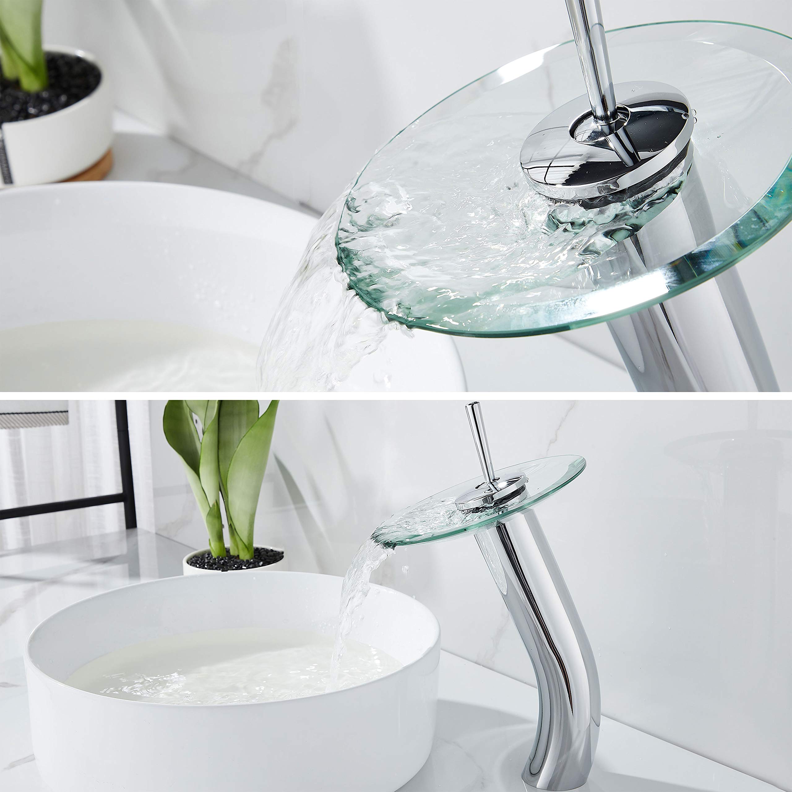 Premium Solid Brass Waterfall Bathroom Faucet - Single Handle Tall Vessel Sink Faucet with Glass Spout in Polished Chrome - Perfect for Modern Vanity & Luxury Bathroom Decor