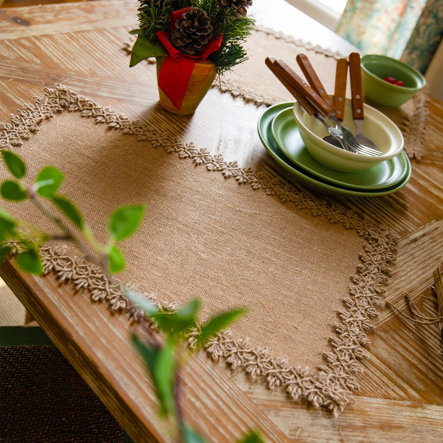 Boho Jute Lace Placemats Set of 4 - Washable Burlap Farmhouse Table Mats for Dining, Kitchen & Parties | Heat-Resistant Linen Cafe Placemats for Everyday Use & Entertaining