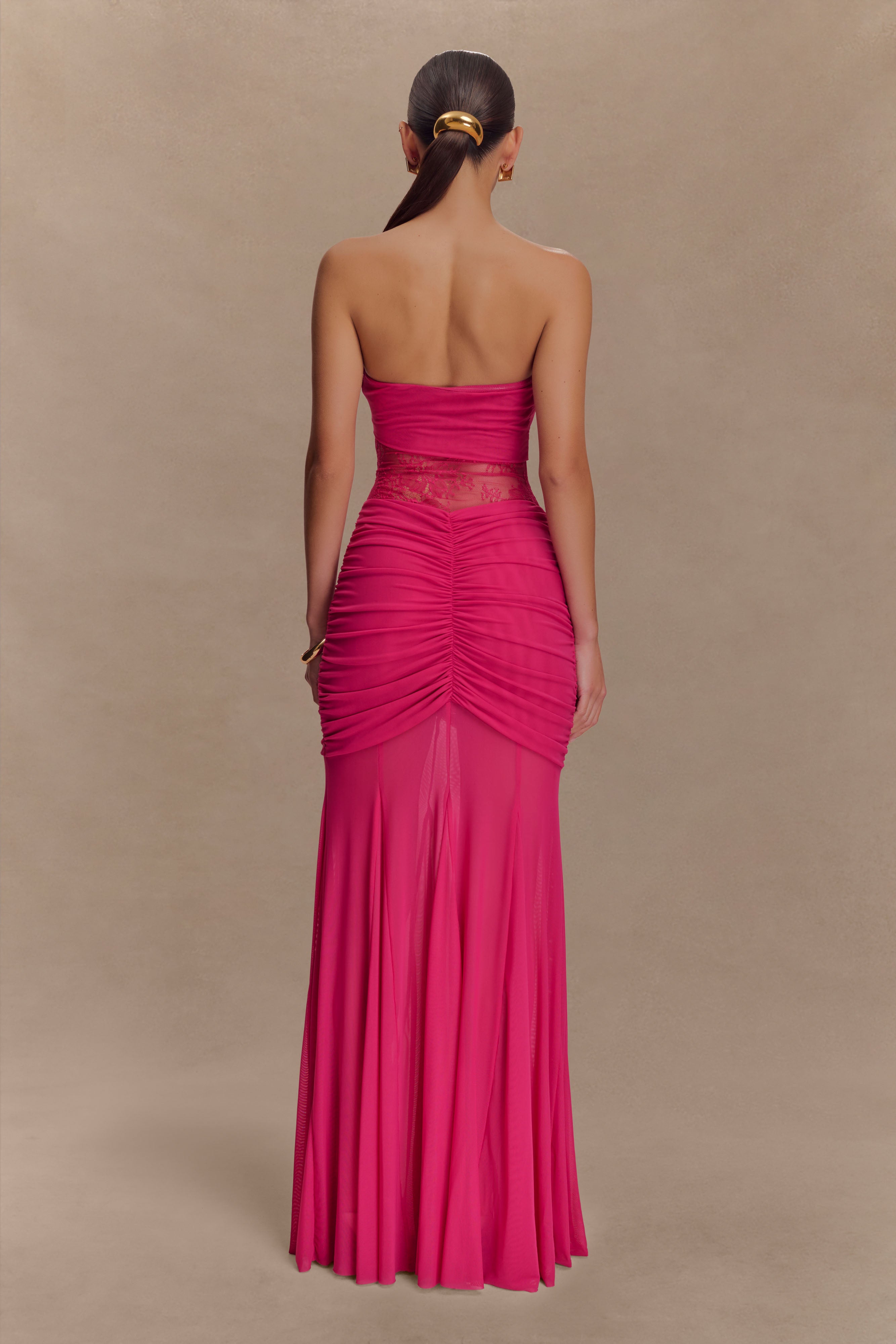 Elegant Khadijah Lace and Mesh Maxi Dress in Dragonfruit Color - Perfect for Weddings, Parties & Special Occasions