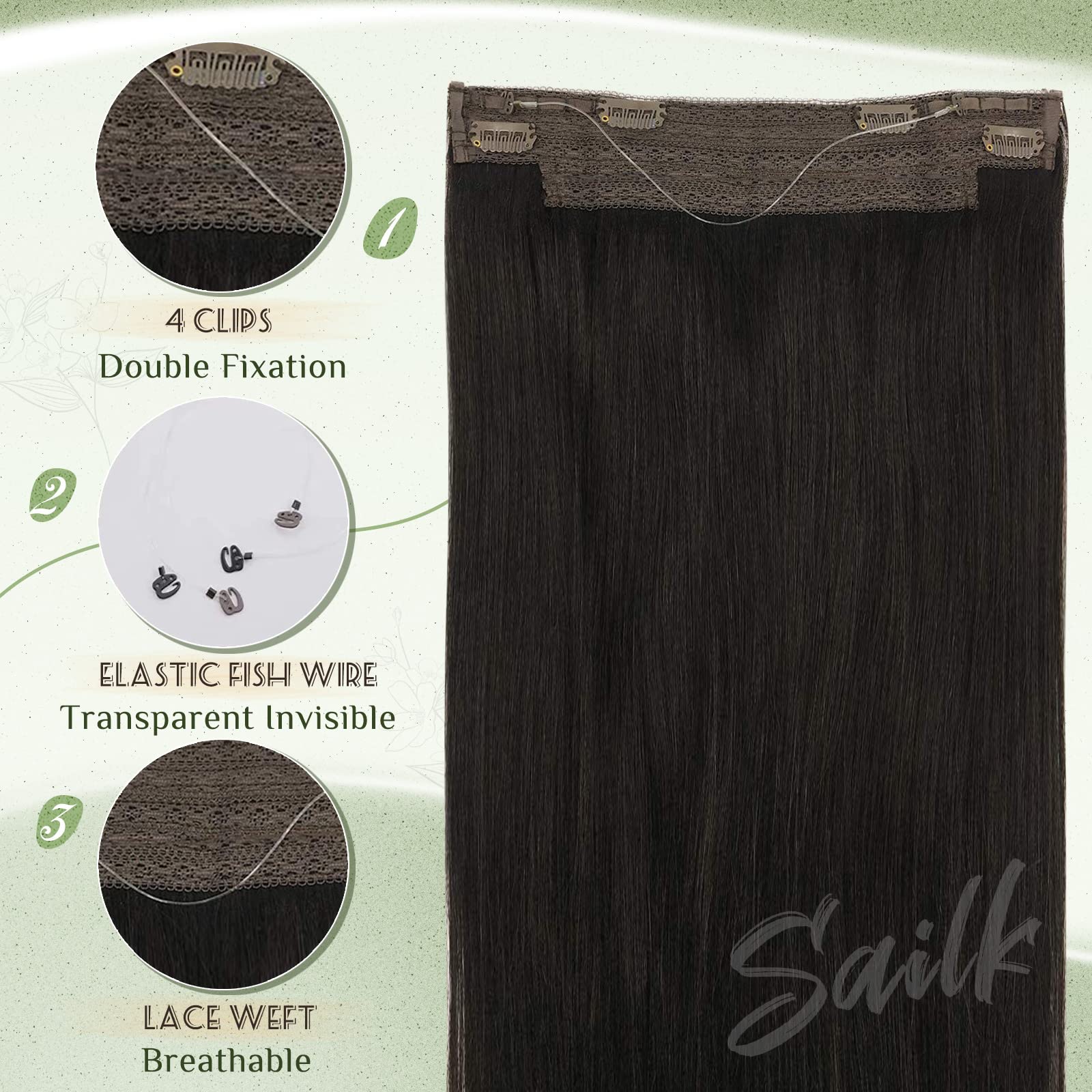 14-Inch 70g Straight Human Hair Extensions with Invisible Wire - Natural Black Fish Line Hair Extensions for Seamless Blending & Styling | Perfect for Parties, Weddings & Everyday Wear