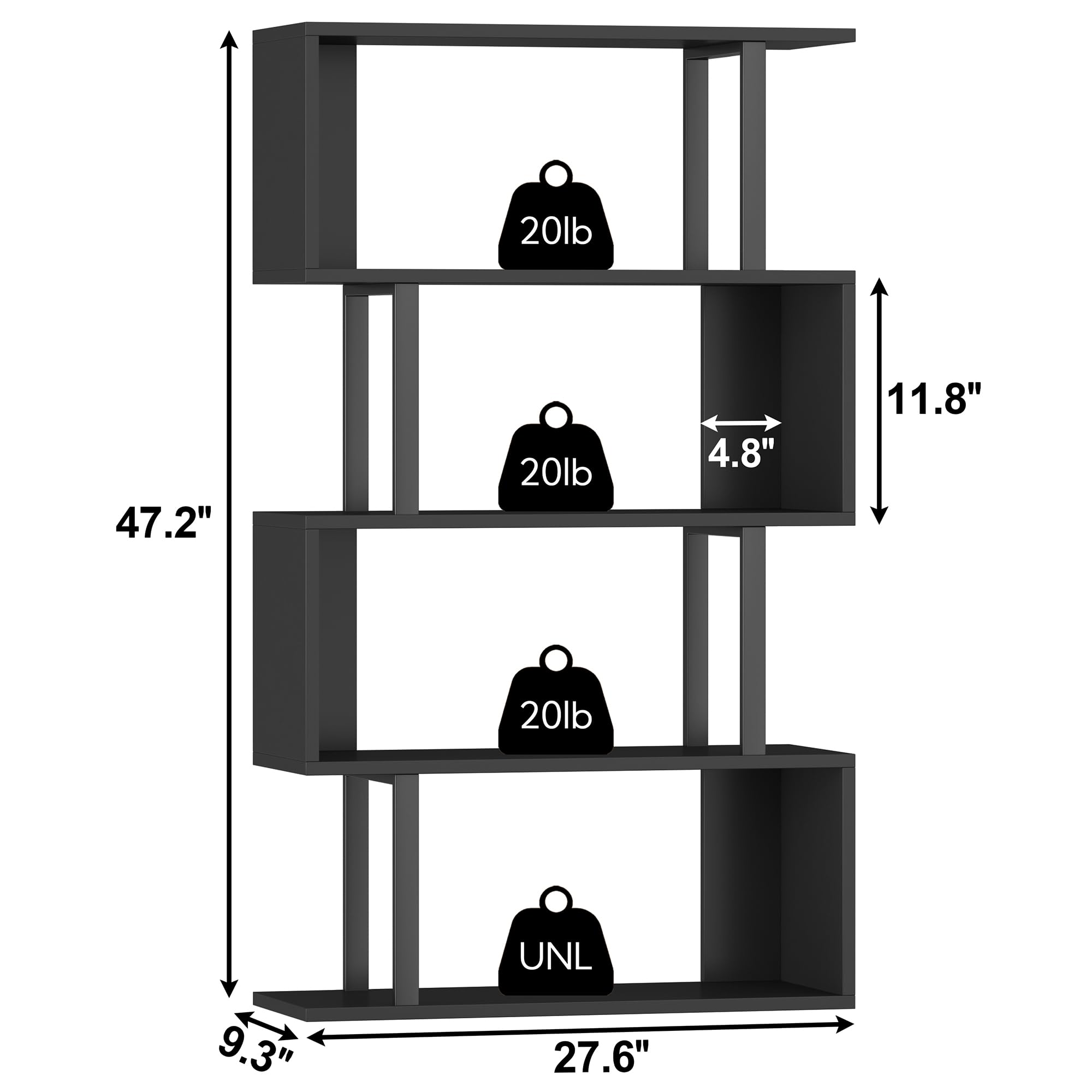 Yusong Geometric Bookcase - 4-Tier S-Shaped Bookshelf for Bedroom & Home Office, Modern Wooden Display Shelf for Books & Decor, Black - Perfect for Small Spaces & Stylish Storage Solutions