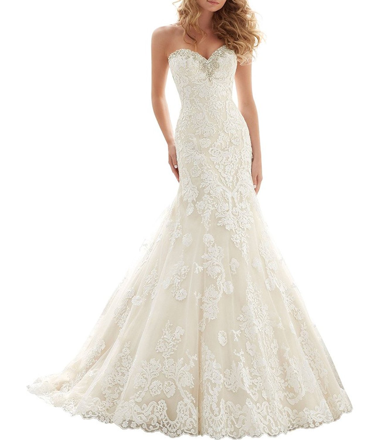 Elegant White Lace Sweetheart Beaded Mermaid Wedding Dress for Women – Perfect for Bridal Gowns, Beach Weddings & Formal Ceremonies