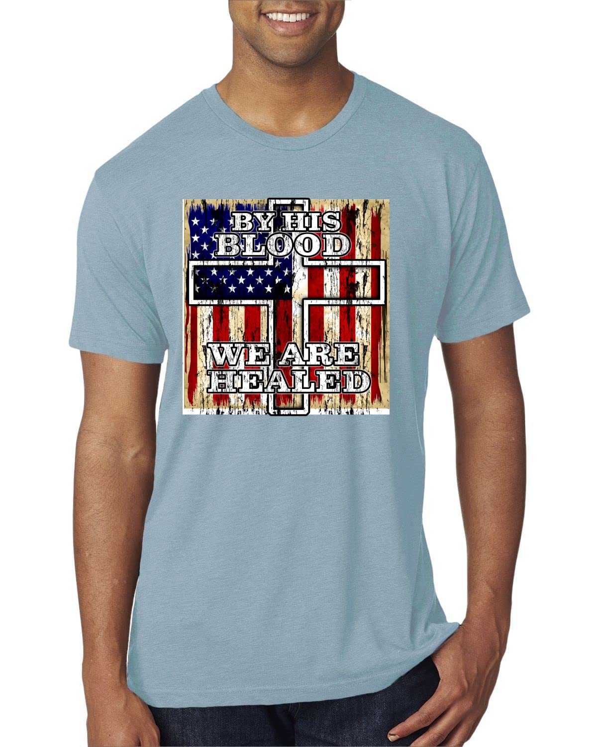 His Blood We Are Healed Christian Men's Premium Tri-Blend T-Shirt - Soft Comfort Tee for Worship, Bible Study & Daily Faith Inspiration