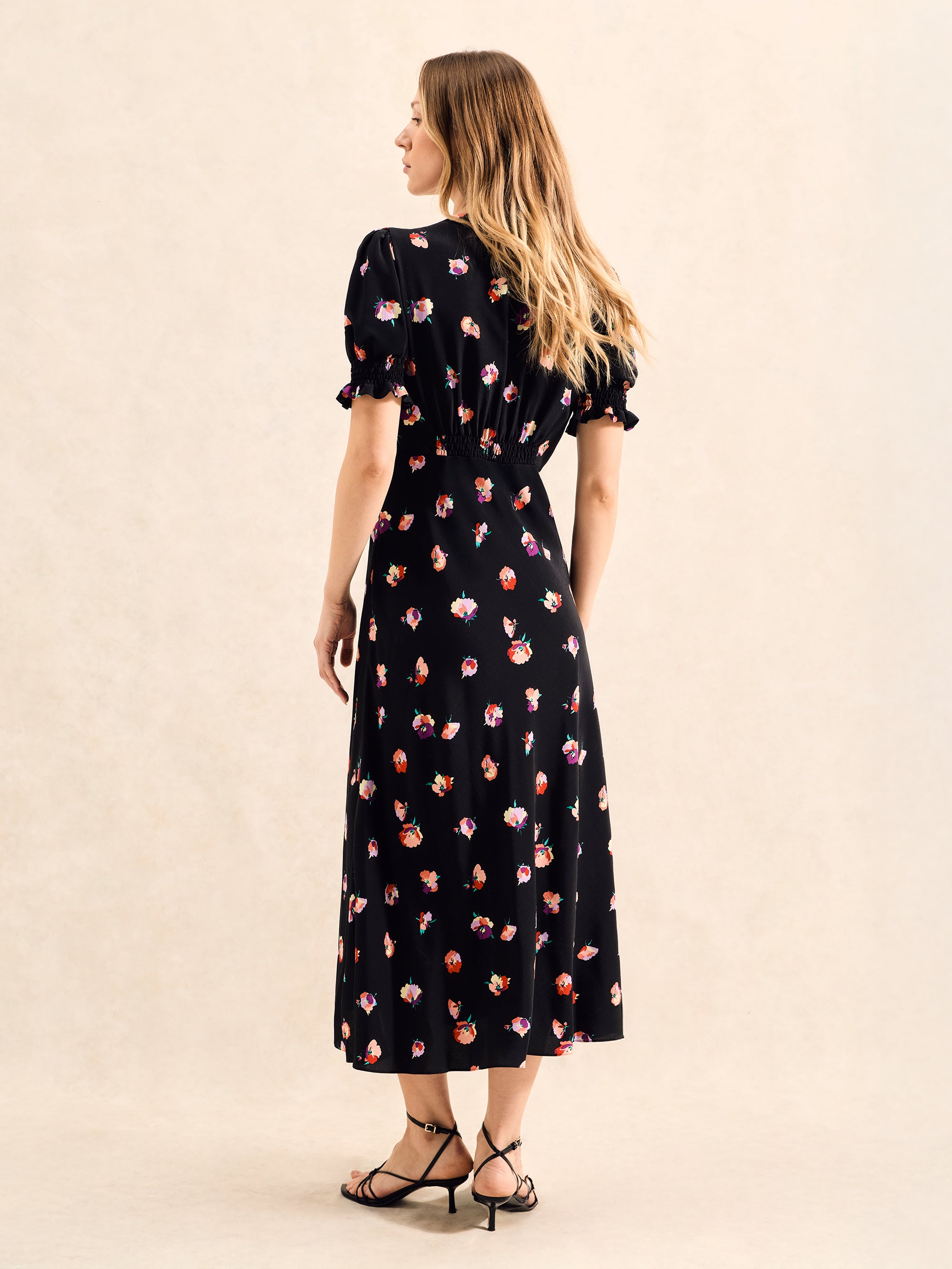 Stylish Multi Pansy Print Shirred Cuff Midi Dress for Women | Floral Summer Dress for Casual Outings, Garden Parties & Date Nights