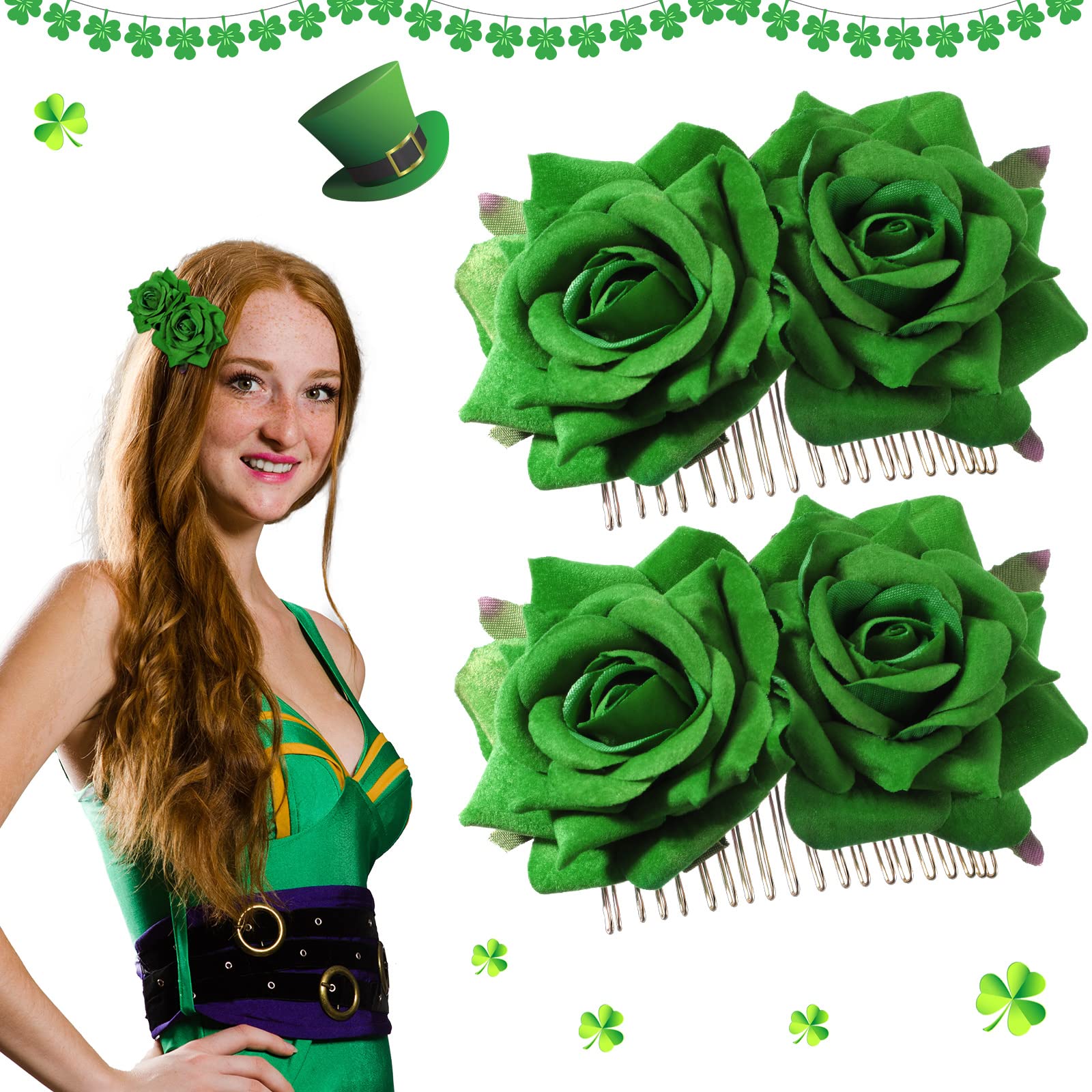 MTLEE 2 Pack Green Rose Flower Hair Clips - St. Patrick's Day Hair Accessories for Women & Girls, Irish Rose Hairpins, Shamrock Hair Comb for St. Paddy's Day Party, Wedding, Festival & Cosplay