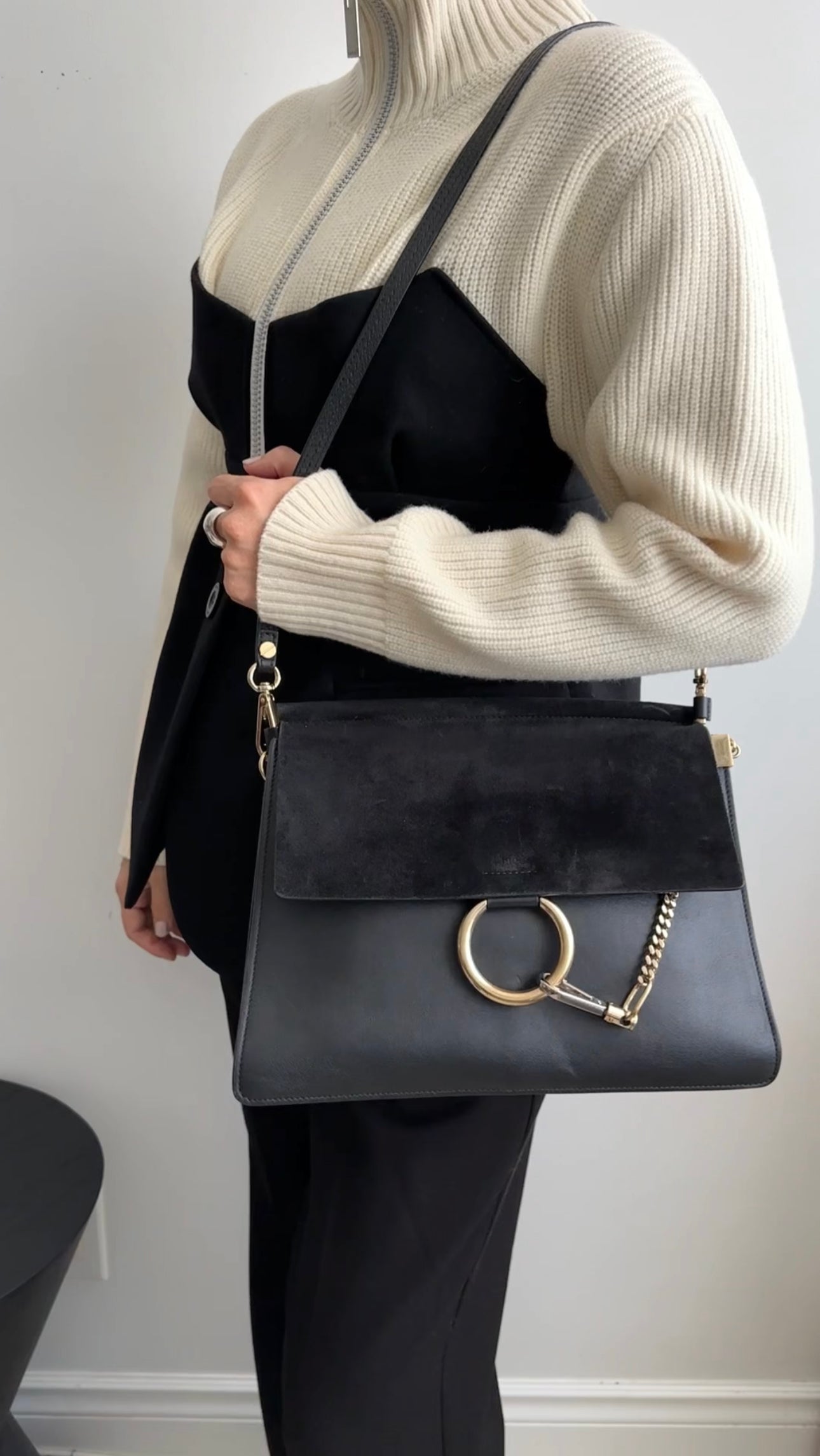 Chloe Faye Medium Shoulder Bag - Black Suede & Leather with Chain Strap | Luxury Crossbody Purse for Women, Perfect for Work, Date Night & Travel