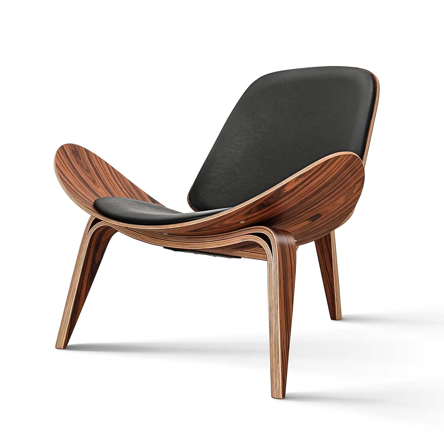 Mid Century Modern Shell Lounge Chair - PU Leather Upholstered, Tripod Plywood Base, Solid Wood Accent Chair for Living Room, Office, Reading Nook - Perfect for Modern Home, Lounge & Salon Decor
