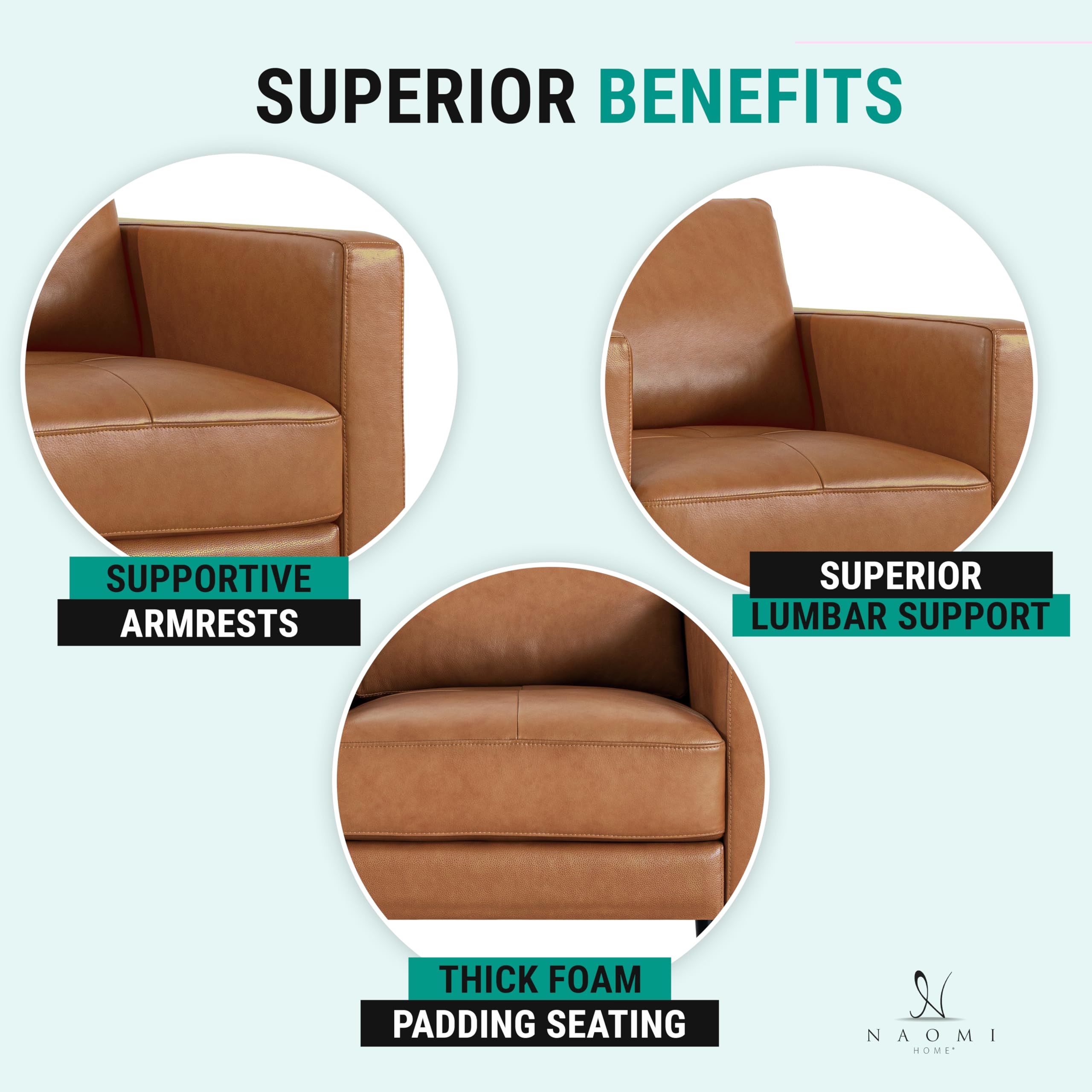 Naomi Home Marisa Genuine Leather Sofa Chair - Single Upholstered Living Room Accent Chair, Real Leather Lounge Chair for Bedroom & Office (Tan) - Perfect for Small Spaces, Reading Nooks & Cozy Corners