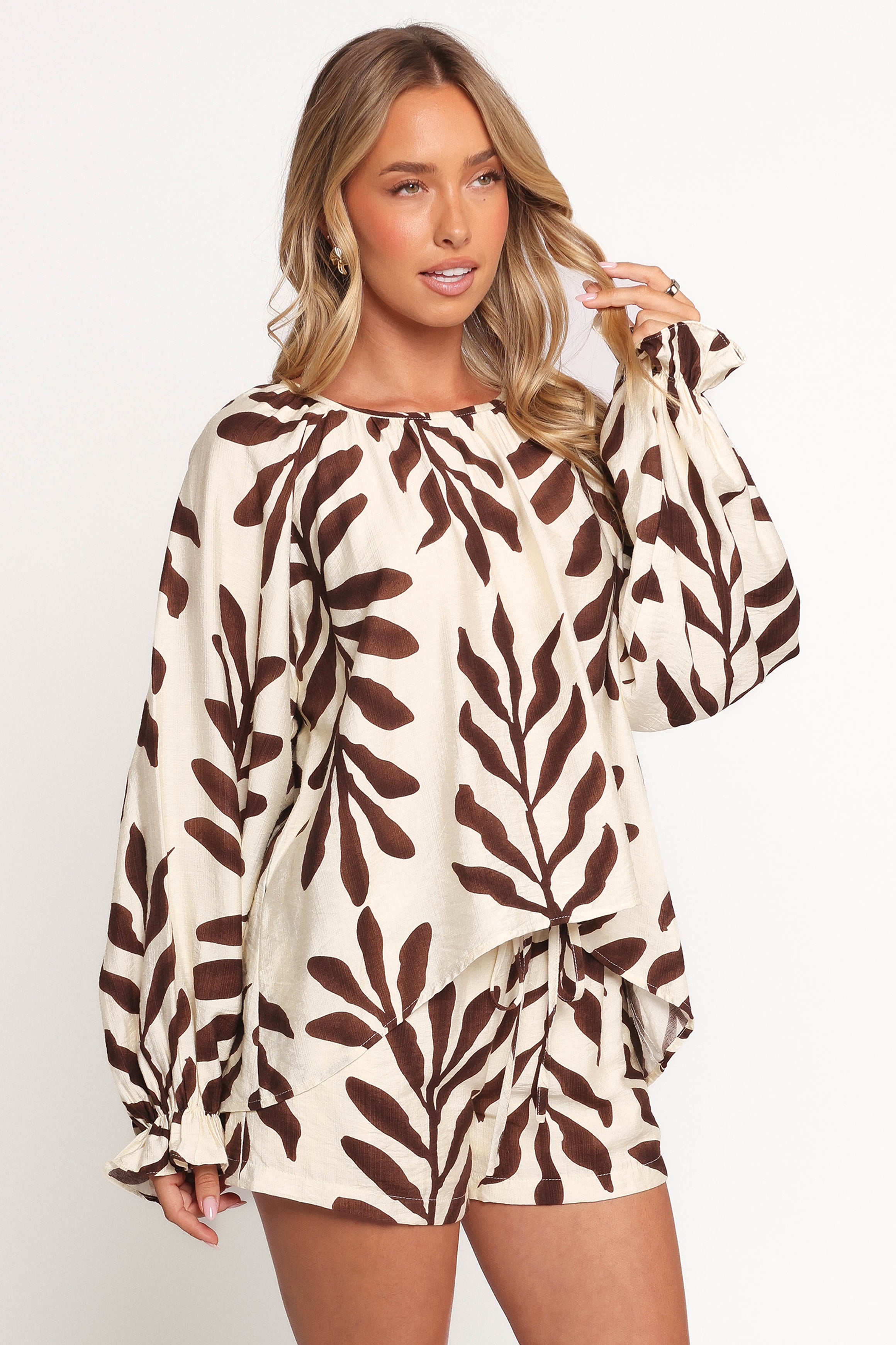 July Women's Long Sleeve Smock Top - Brown Palm Print Boho Blouse for Casual Wear, Work & Fall Outfits