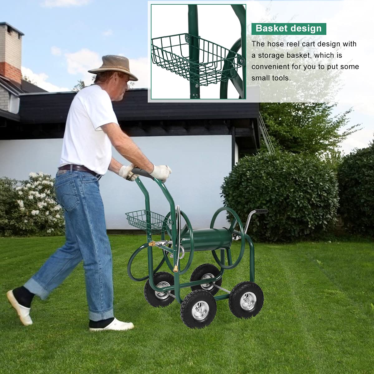 Heavy Duty Portable Hose Reel Cart with 4 Wheels - 300ft Capacity for 5/8-Inch Garden Hose | Outdoor Yard, Lawn & Garden Watering Solution with Storage Basket | Perfect for Residential Landscaping, Farm Irrigation & Commercial Use