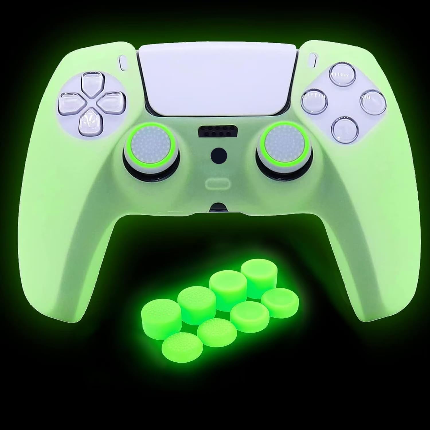 Glow in The Dark Anti-Slip Silicone Cover & Thumb Grips for PS5 Controller - 8 PCS Thumb Grips & 2 Grip Caps - Enhanced Grip for Gaming in Low Light