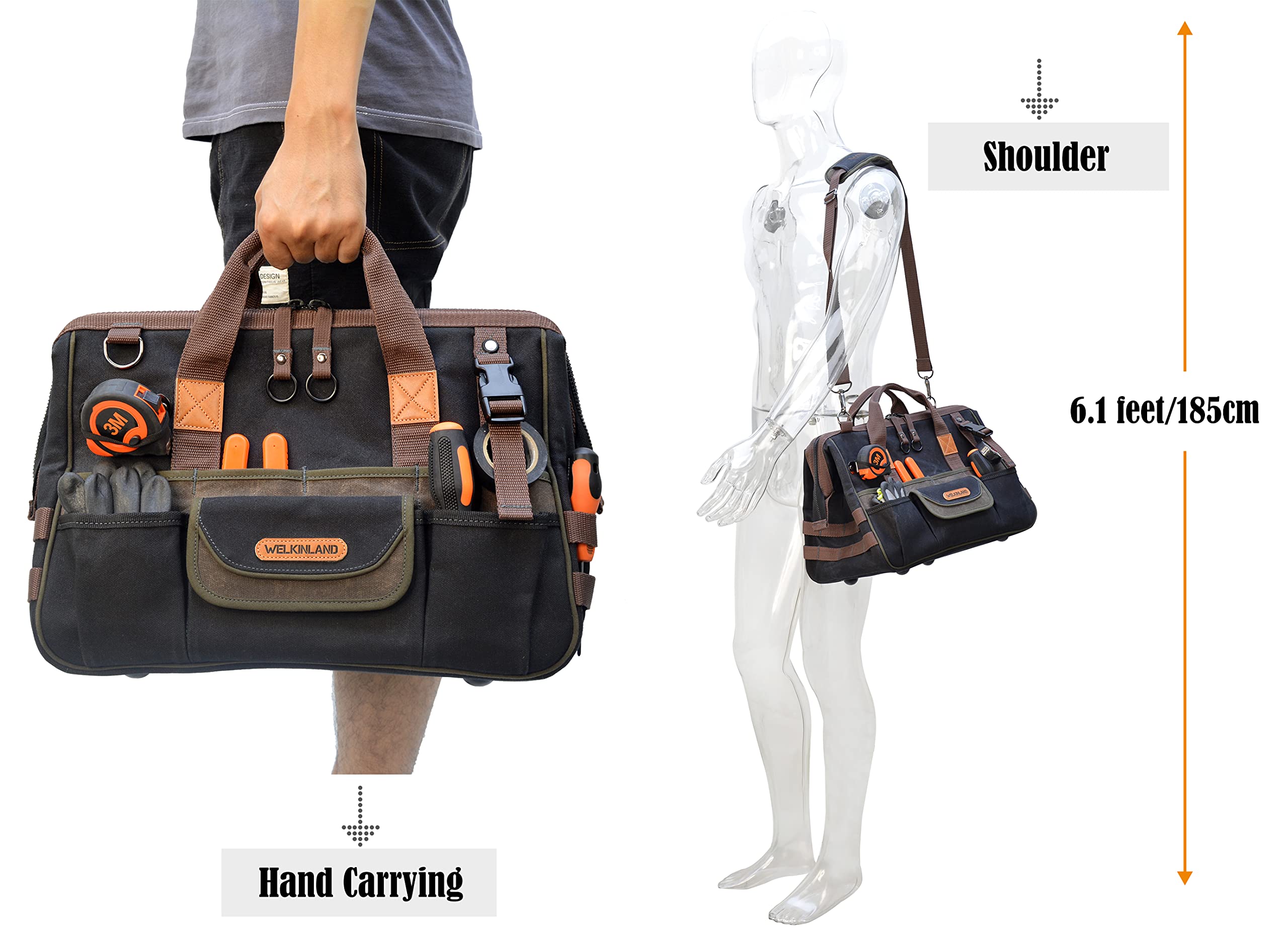 WELKINLAND 32-Pocket Heavy Duty Waxed Canvas Tool Bag - Electrician & HVAC Tools Organizer with 16
