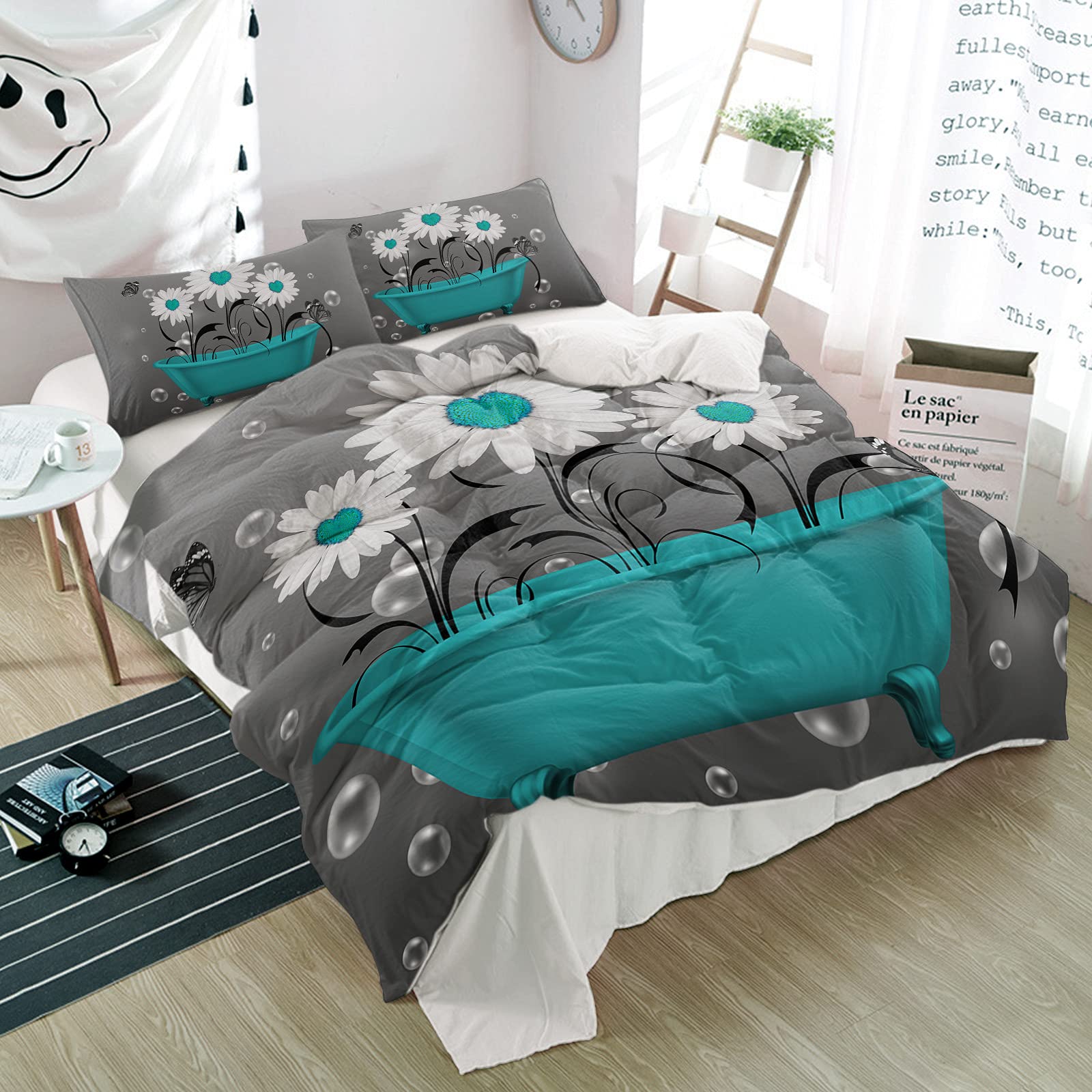 ZFUNCING 3-Piece Duvet Cover Set Cal King Size - Rustic Daisy Floral Design in Bubble Bath Colors | Ultra Soft Microfiber Luxury Bedding with Pillowcases | Modern Abstract Art Quilt Cover for Master Bedroom & Guest Room Decor