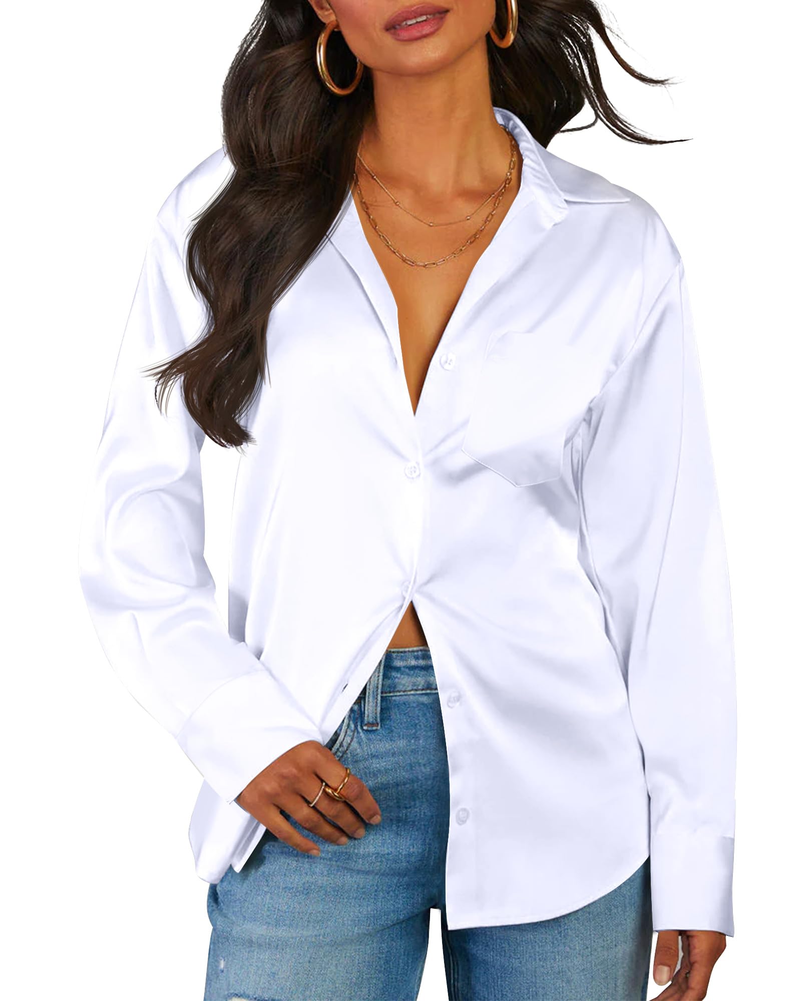 Elegant Women's Satin Blouse - Soft Silk Button Down Shirt for Office & Formal Wear - Long Sleeve Tops for Business, Work & Special Occasions