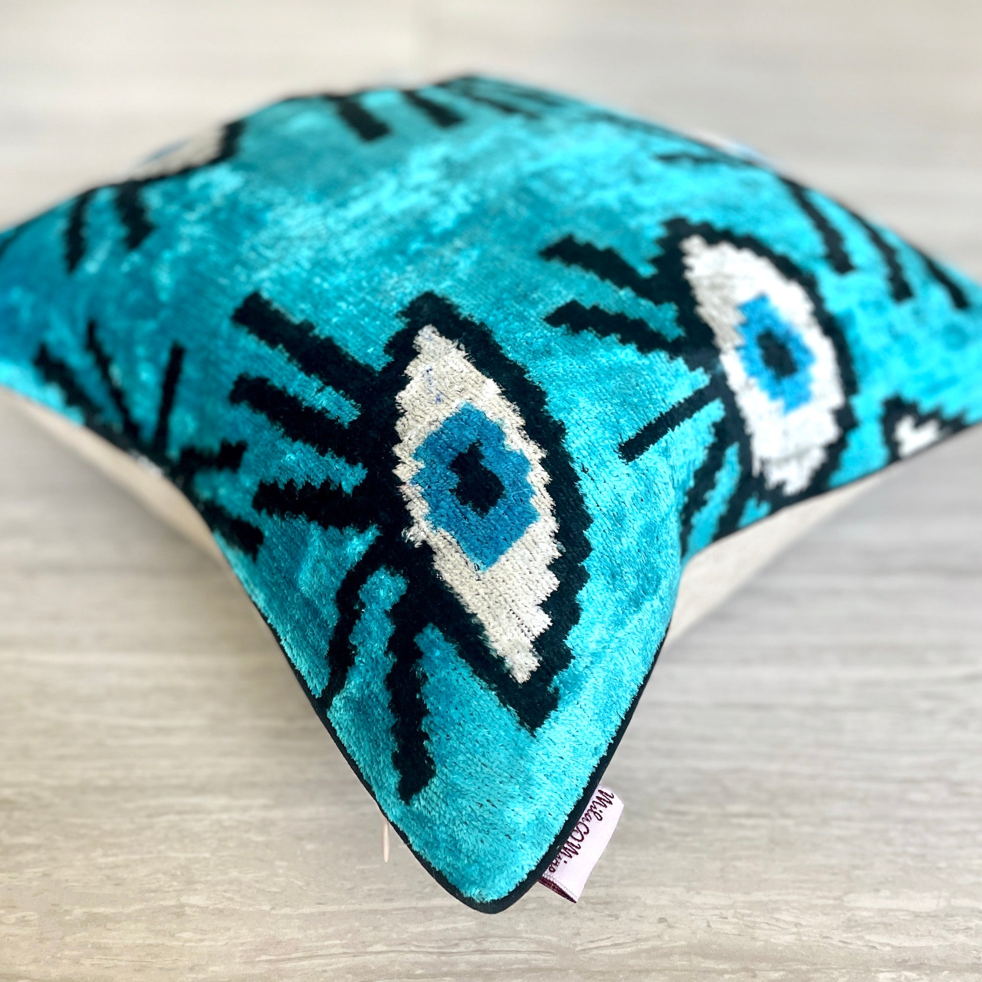 Turquoise Evil Eye Velvet Ikat Cushion Cover - Boho Home Decor Pillow for Living Room, Bedroom & Sofa | Handmade Decorative Throw Pillow for Bohemian Style Interior Design