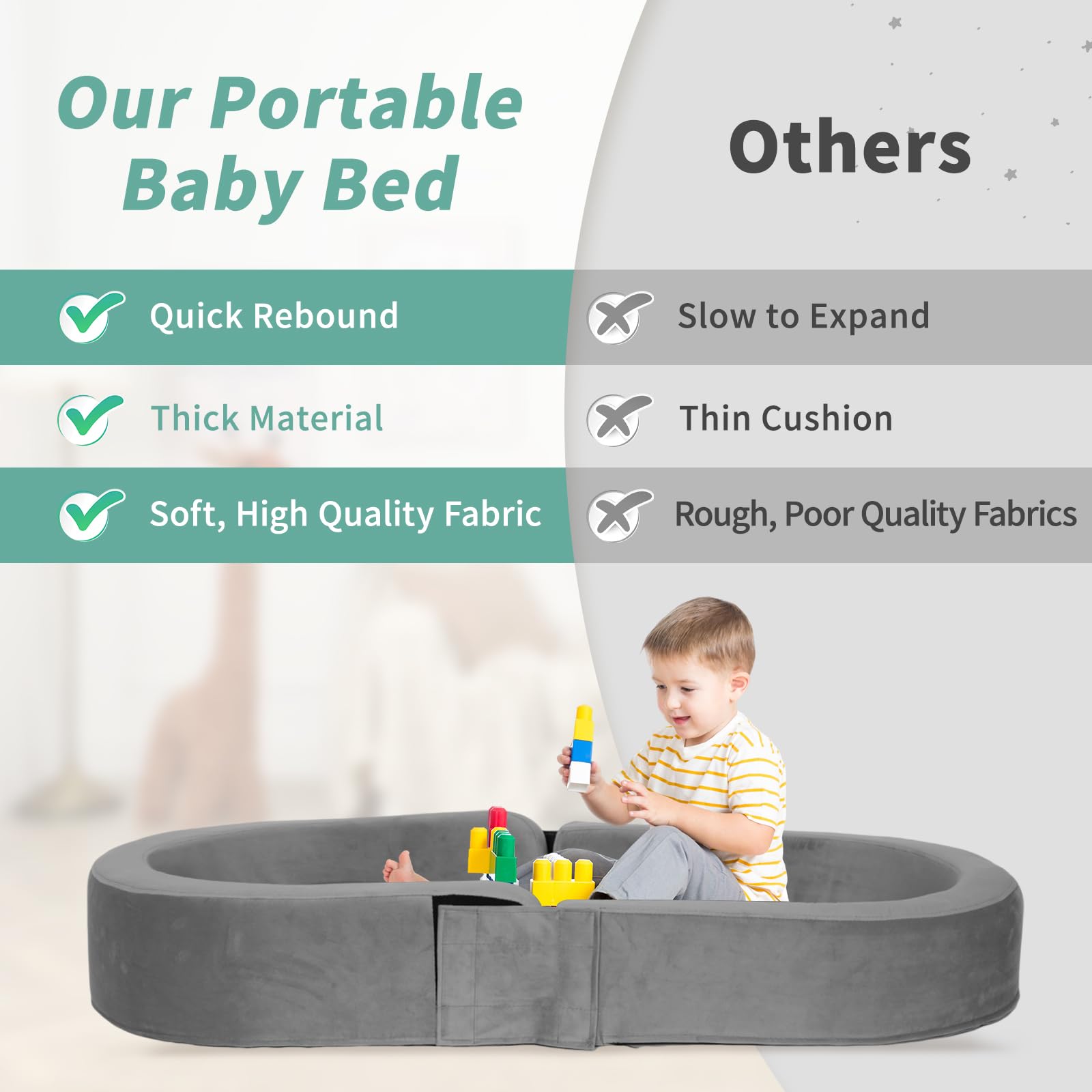 2-in-1 Toddler Travel Bed & Chair - Portable Foldable Baby Bed for Kids 18 Months to 6 Years - Removable Washable Cover (Gray) - Perfect for Camping, Airplane Travel & Sleepovers