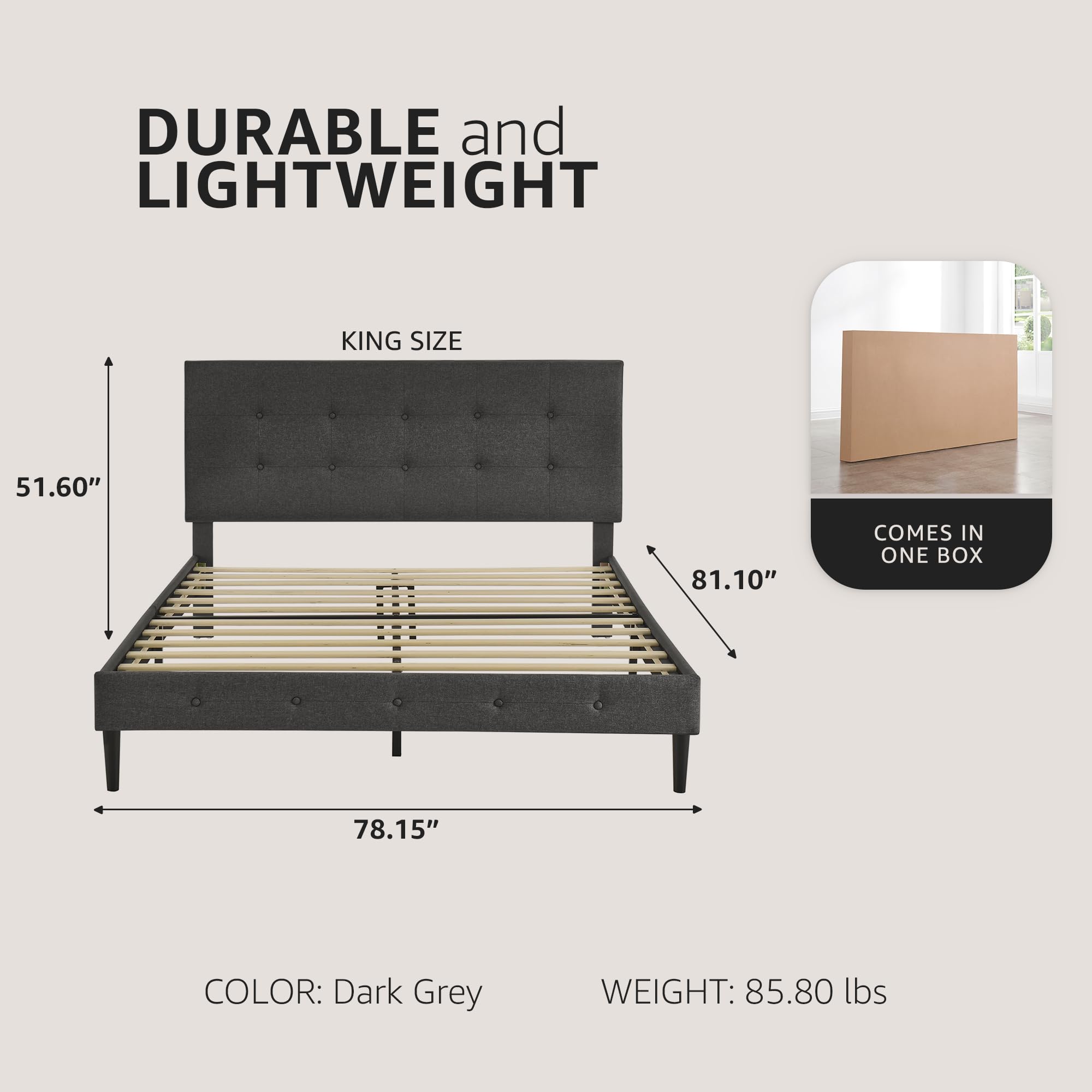 Cambridge Upholstered Wooden Platform Bed Frame - King Size Dark Grey - Modern Bedroom Furniture for Master Bedroom & Guest Room