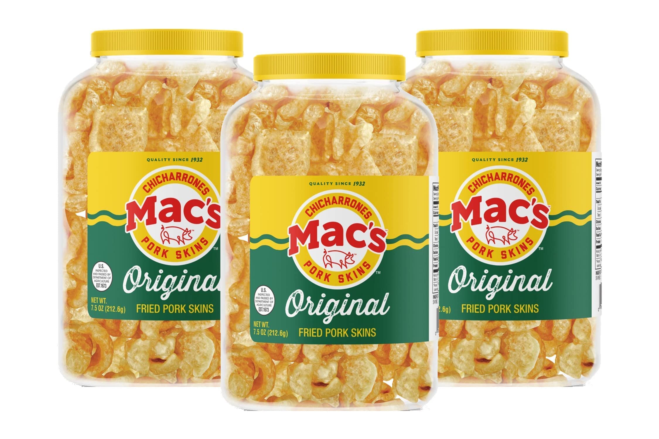 Organic Pork Rinds Snacks - Mac's Original Pork Skin Canisters, Keto & Paleo Friendly, Gluten Free, Zero Carb, 7.5oz (Pack of 3) - Perfect for Low Carb Diets, Game Day Snacking & On-the-Go Protein Boost