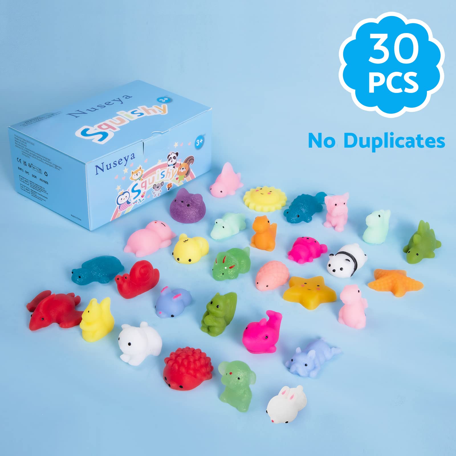 30pcs Mochi Squishy Toys - No Duplicates Kawaii Sensory Stress Relief Fidget Toys for Kids, Boys & Girls - Perfect for Birthday Gifts, Party Favors, Classroom Prizes & Goodie Bag Stuffers - Fun for Stress Relief, Sensory Play & Relaxation at Home or School