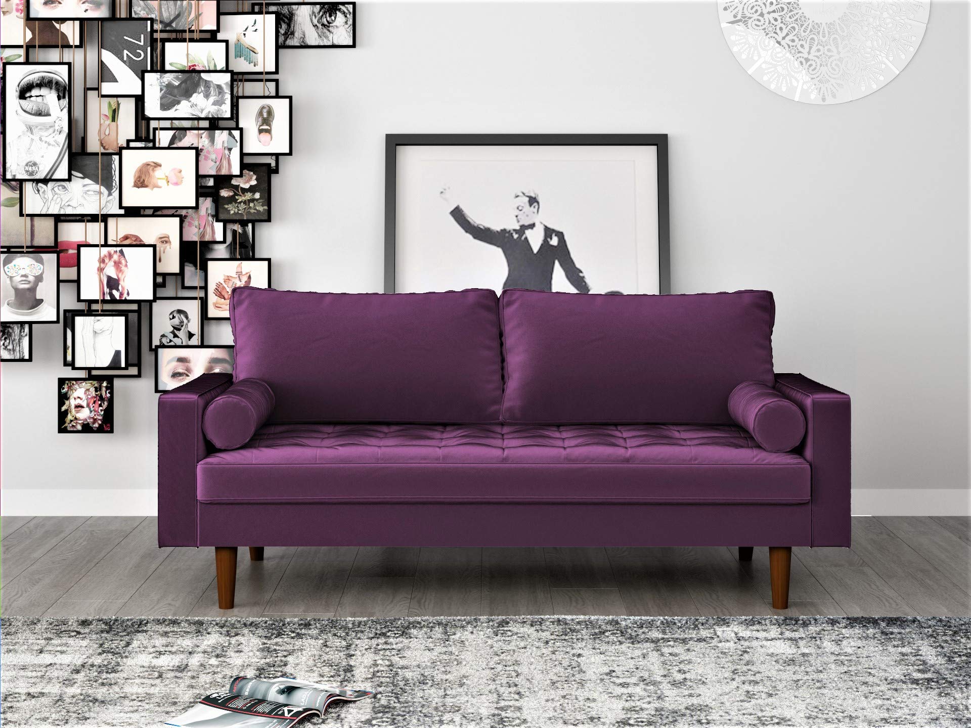 Womble Mid Century Modern Sofa - Soft Velvet Upholstered Tufted Seat with Bolster Pillows, Purple Couch for Living Room, Lounge & Home Decor